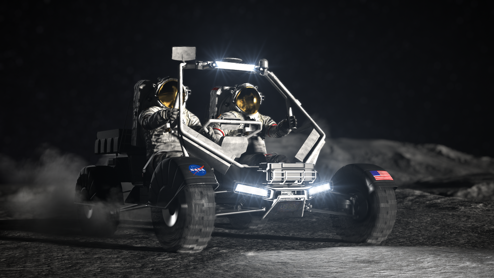 Artist's concept of NASA's next-generation Lunar Terrain Vehicle on the surface of the Moon. NASA image.