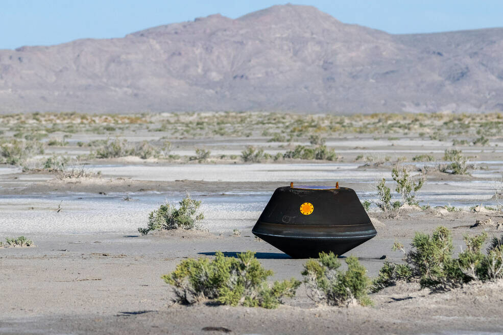 The sample return capsule from NASA&rsquo;s OSIRIS-REx mission is seen shortly after touching down in the desert, Sunday, Sept. 24, 2023, at the Department of Defense's Utah Test and Training Range. Photo by NASA/Keegan Barber.