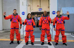Artemis II crew members (from left) CSA (Canadian Space Agency) astronaut Jeremy Hansen, and NASA astronauts Christina Koch, Victor Glover, and Reid Wiseman walk out of Astronaut Crew Quarters inside the Neil Armstrong Operations and Checkout Building to the Artemis crew transportation vehicles prior to traveling to Launch Pad 39B as part of an integrated ground systems test at Kennedy Space Center in Florida on Wednesday, Sept. 20, to test the crew timeline for launch day. NASA photo. Artemis II crew members (from left) CSA (Canadian Space Agency) astronaut Jeremy Hansen, and NASA astronauts Christina Koch, Victor Glover, and Reid Wiseman walk out of Astronaut Crew Quarters inside the Neil Armstrong Operations and Checkout Building to the Artemis crew transportation vehicles prior to traveling to Launch Pad 39B as part of an integrated ground systems test at Kennedy Space Center in Florida on Wednesday, Sept. 20, to test the crew timeline for launch day. NASA photo.