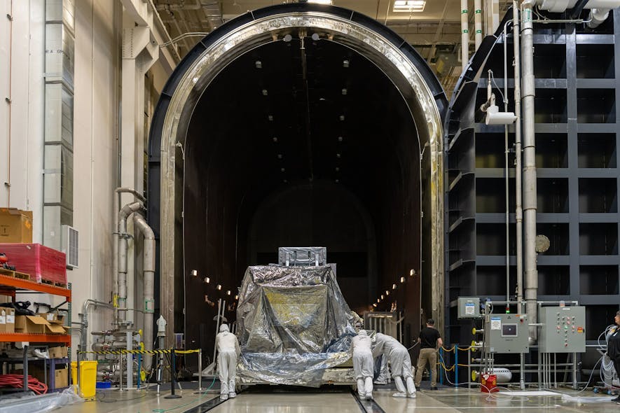 After completing final integration, Ball Aerospace technicians transport the Nancy Grace Roman Space Telescope's Wide Field Instrument (WFI) into Ball&rsquo;s largest thermal vacuum chamber to begin environmental testing at a Ball facility in Boulder, Colorado. Ball photo.