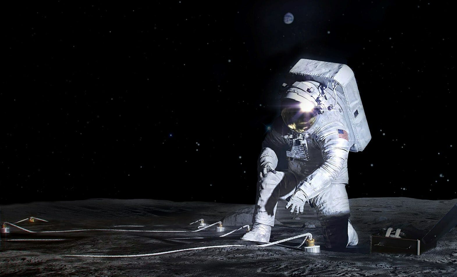 Artist's concept of an Artemis astronaut deploying an instrument on the lunar surface. NASA image.