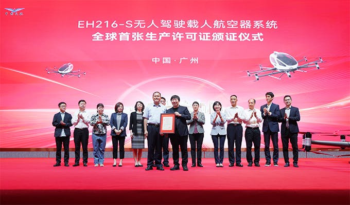 The CAAC issued the Production Certificate for EH216-S to EHang. Ehang photo.