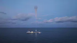 Space Perspective's Spaceship Neptune-Excelsior capsule is lifted by the SpaceBalloon from the deck of MS Voyager. Space Perspective photo. Space Perspective's Spaceship Neptune-Excelsior capsule is lifted by the SpaceBalloon from the deck of MS Voyager. Space Perspective photo.