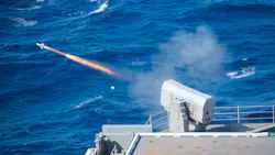 A rolling airframe missile (RAM) launcher fires a RIM-116 missile from the aircraft carrier USS Gerald R. Ford (CVN 78) during combat systems ship qualification trials. A rolling airframe missile (RAM) launcher fires a RIM-116 missile from the aircraft carrier USS Gerald R. Ford (CVN 78) during combat systems ship qualification trials.