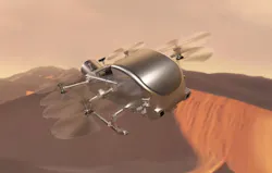 Artist’s concept of Dragonfly soaring over the dunes of Saturn’s moon Titan. NASA/Johns Hopkins APL/Steve Gribben image. Artist’s concept of Dragonfly soaring over the dunes of Saturn’s moon Titan. NASA/Johns Hopkins APL/Steve Gribben image.