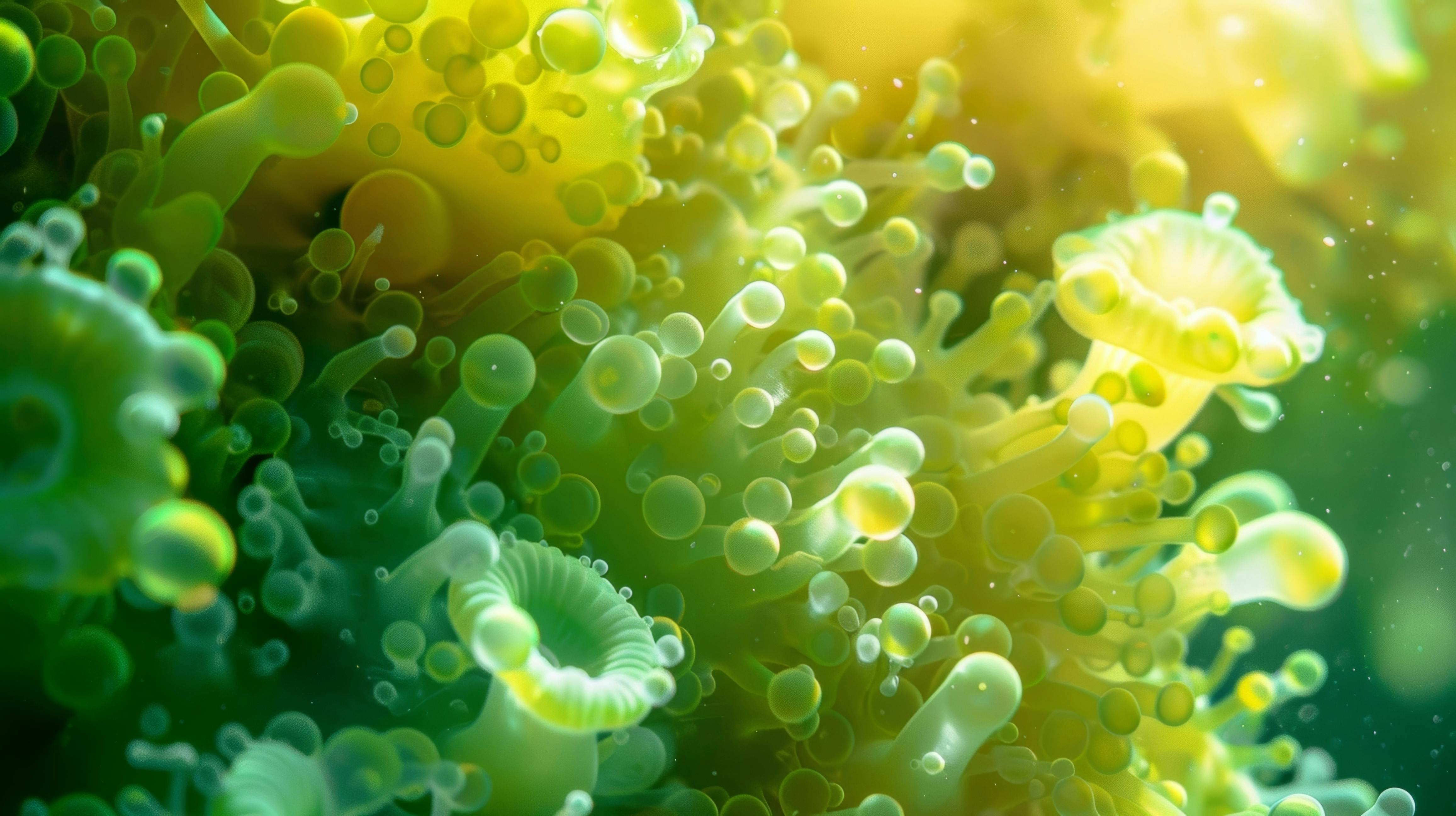 The ocean comes alive with vivid greens and yellows as phytoplankton blooms, offering a source of alternative energy.