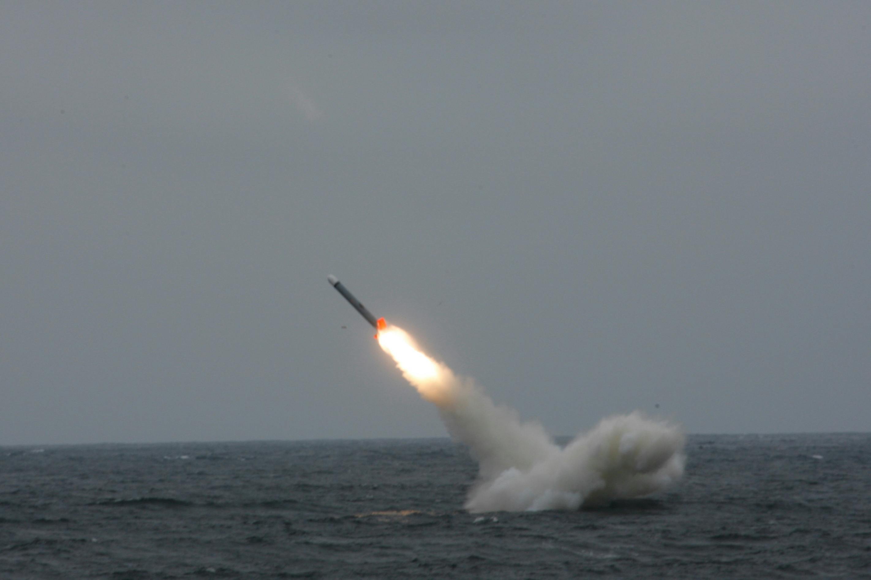 A Tomahawk Black IV cruise missile launches from the fast-attack submarine, USS Pasadena (SSN-752)