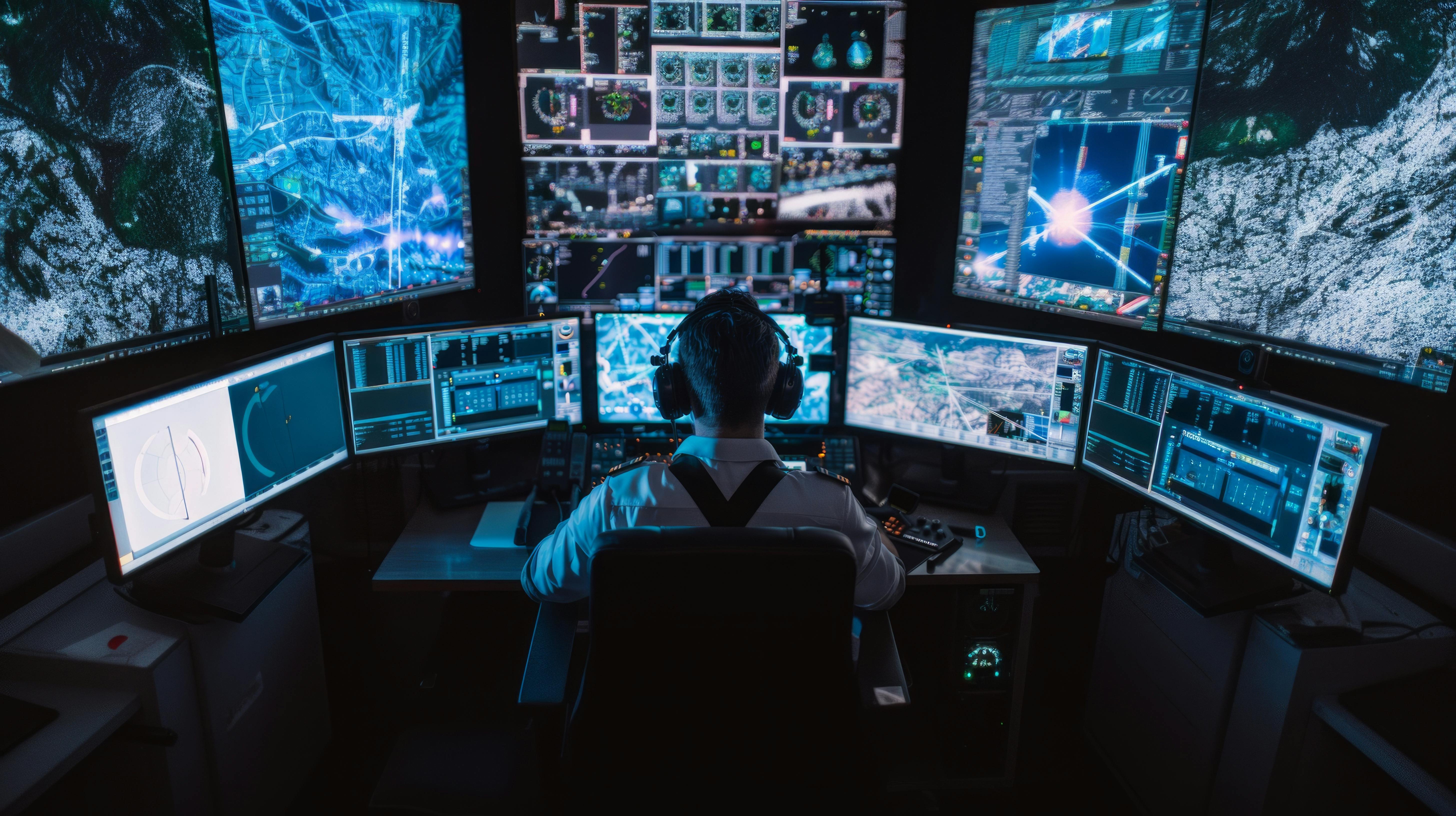 Military operator transmitting GPS coordinates of hostile ships to national guard, providing real time data from surveillance CCTV system.