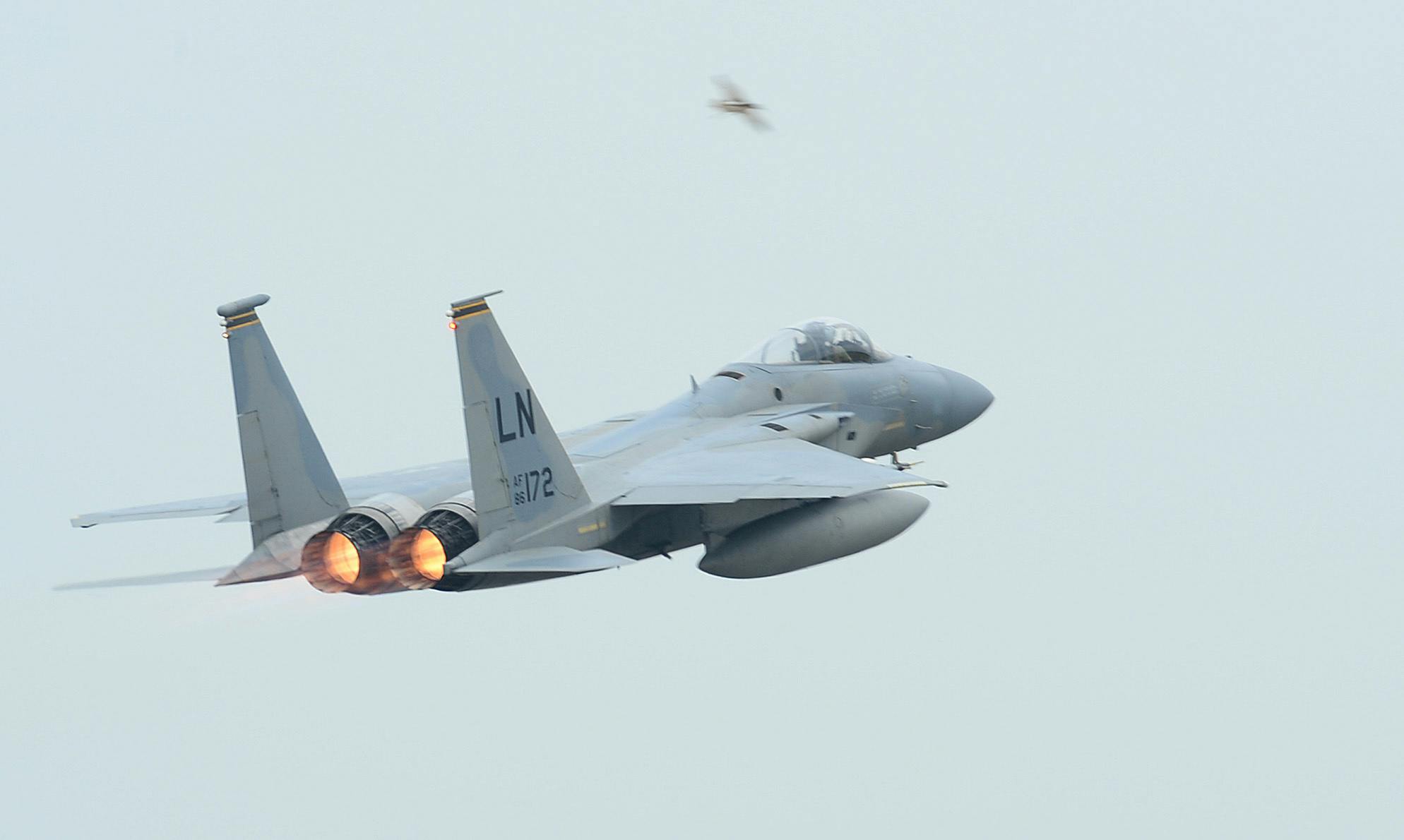 An Air Force F-15E Strike Eagle from the 492nd Fighter Squadron takes off during a Phase II exercise.