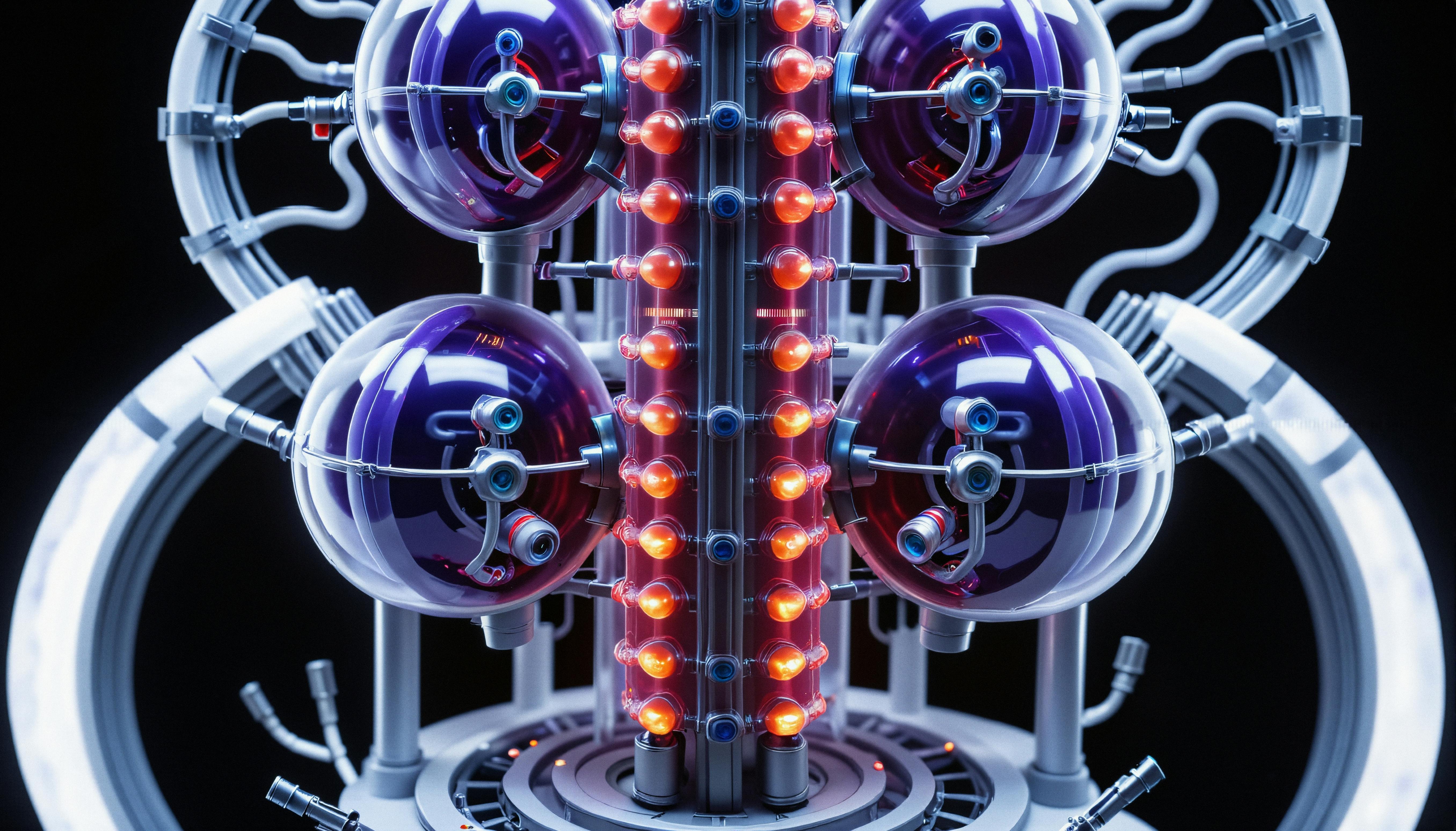 This detailed rendering of a futuristic scientific device or quantum computer component features a vertical column of glowing red spherical nodes arranged in a double helix pattern.