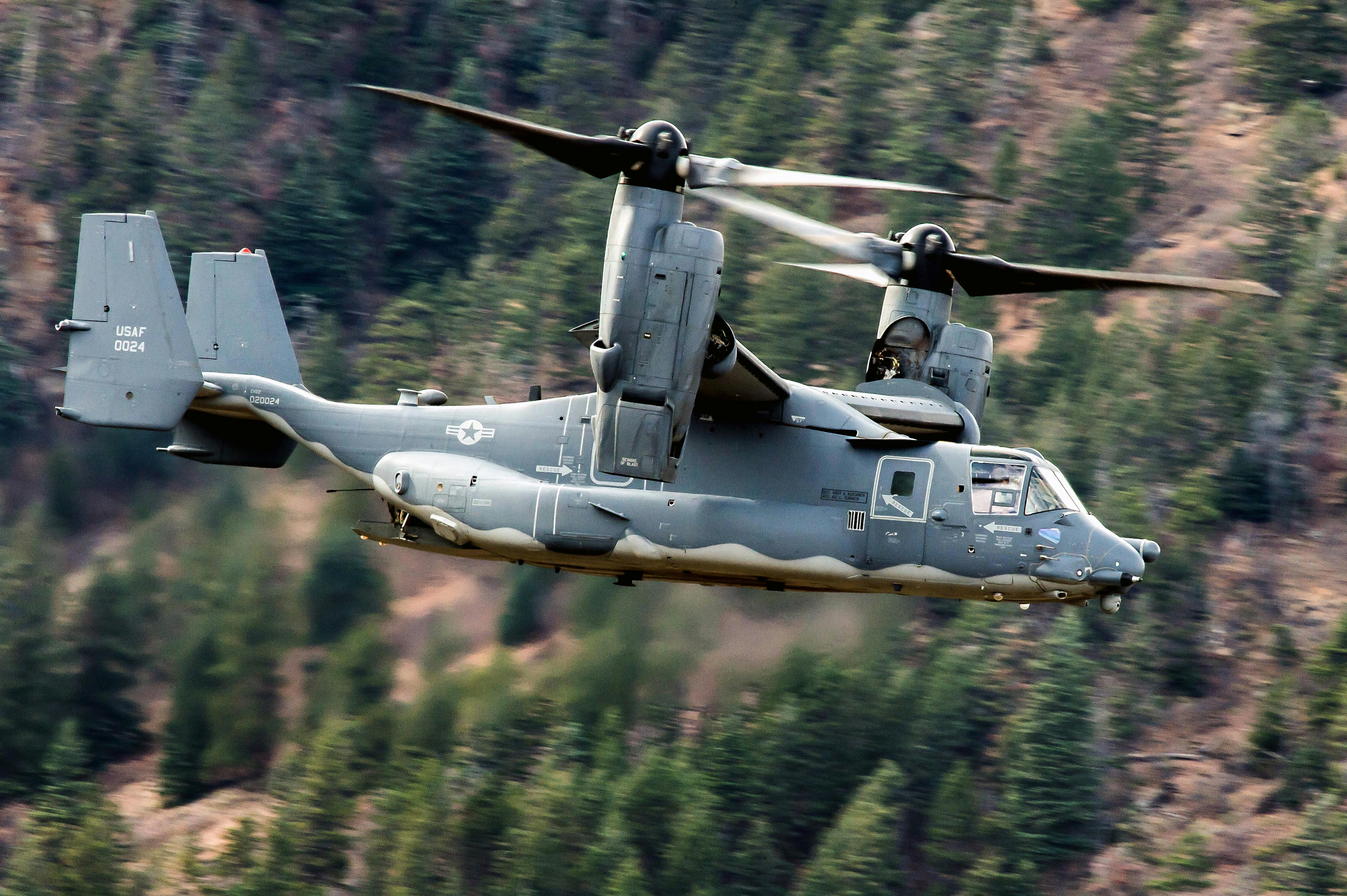 A CV-22 Osprey from Kirtland Air Force Base, N.M., flies over the U.S. Air Force Academy near Colorado Springs, Colo.