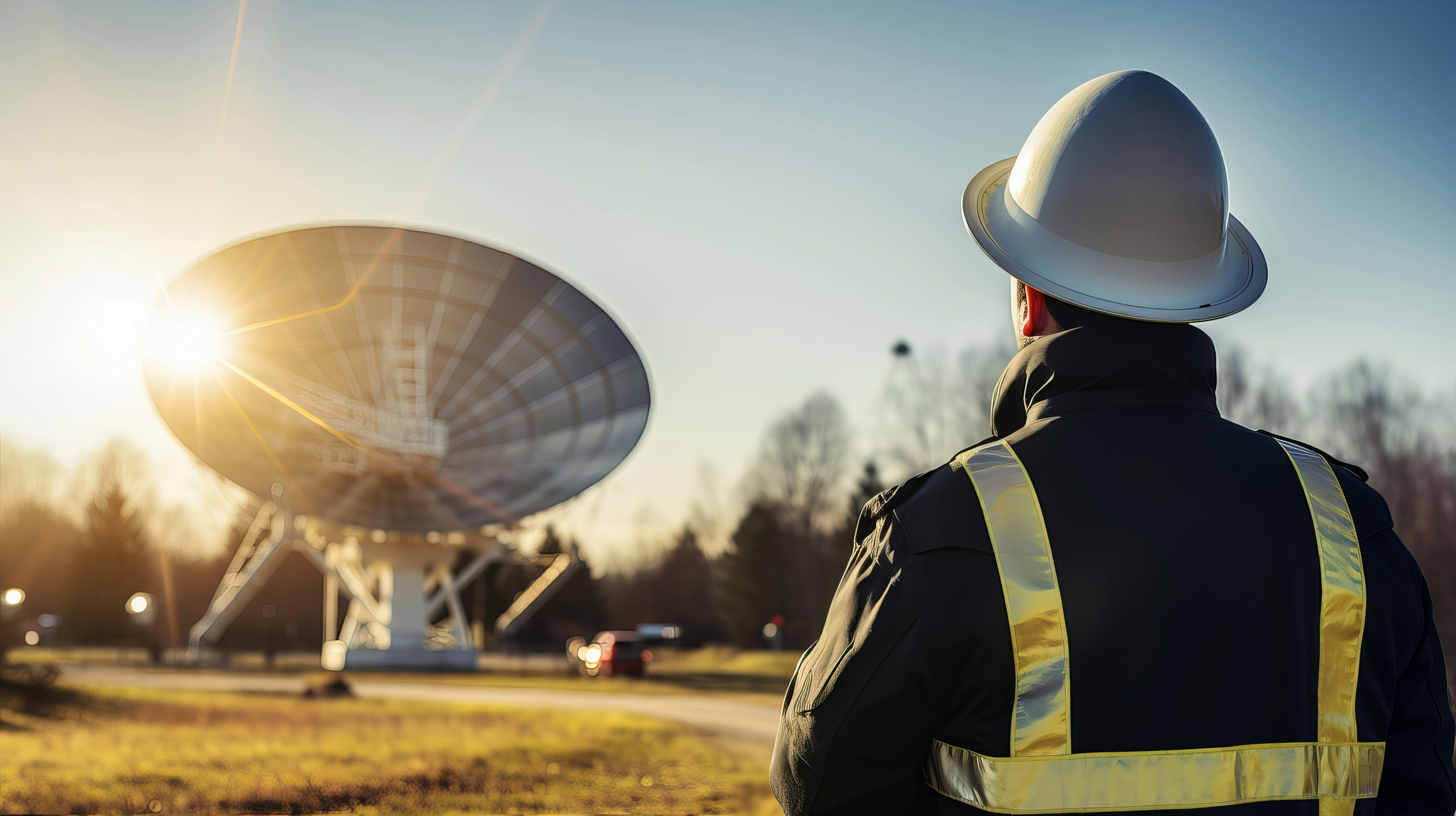 A man in a hard hat looks at a terrestrial satellite dish from the distance