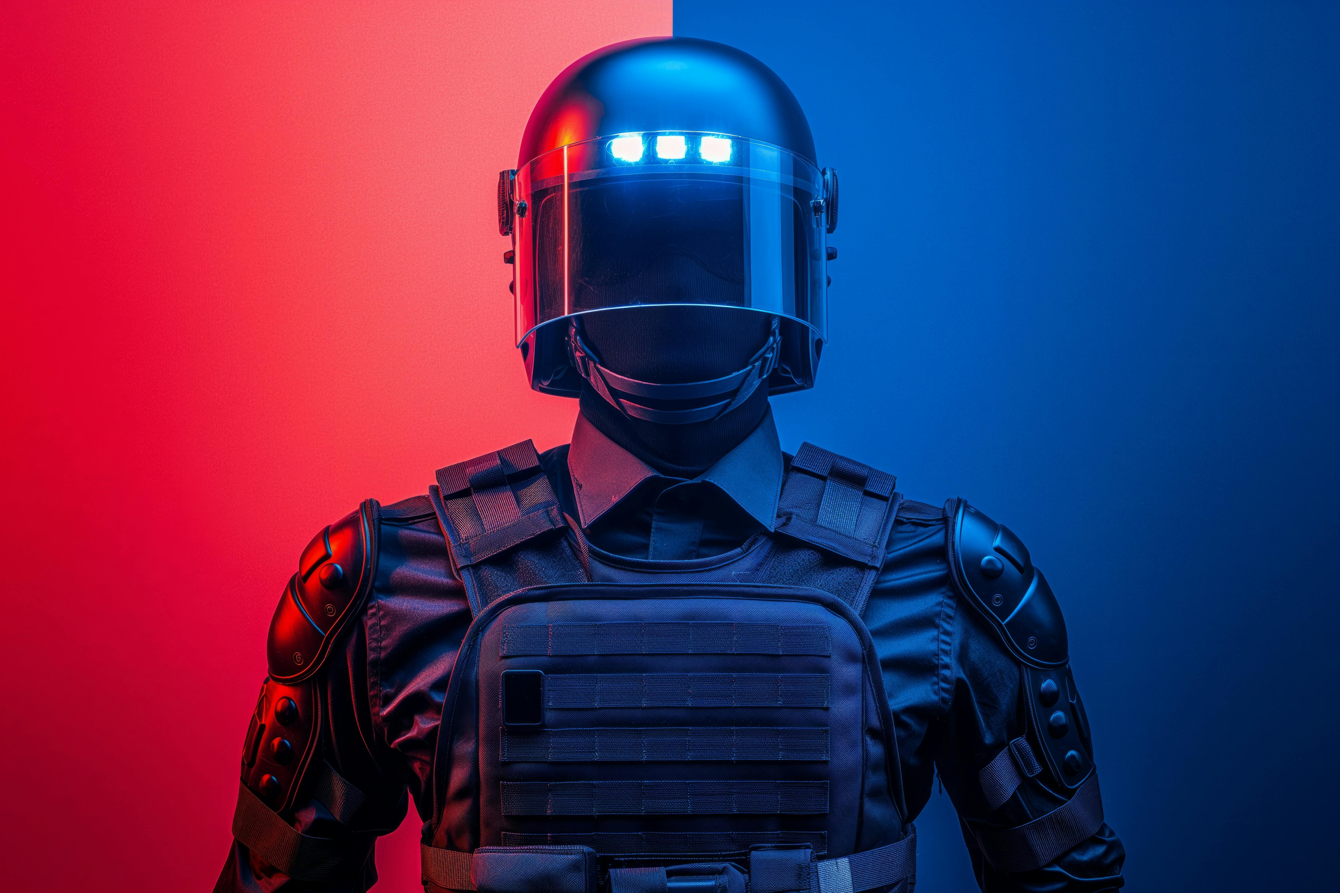Futuristic soldier in red and blue light. A cybernetic soldier clad in advanced armor stands against a backdrop split by red and blue lighting, giving a futuristic feel AI generated
