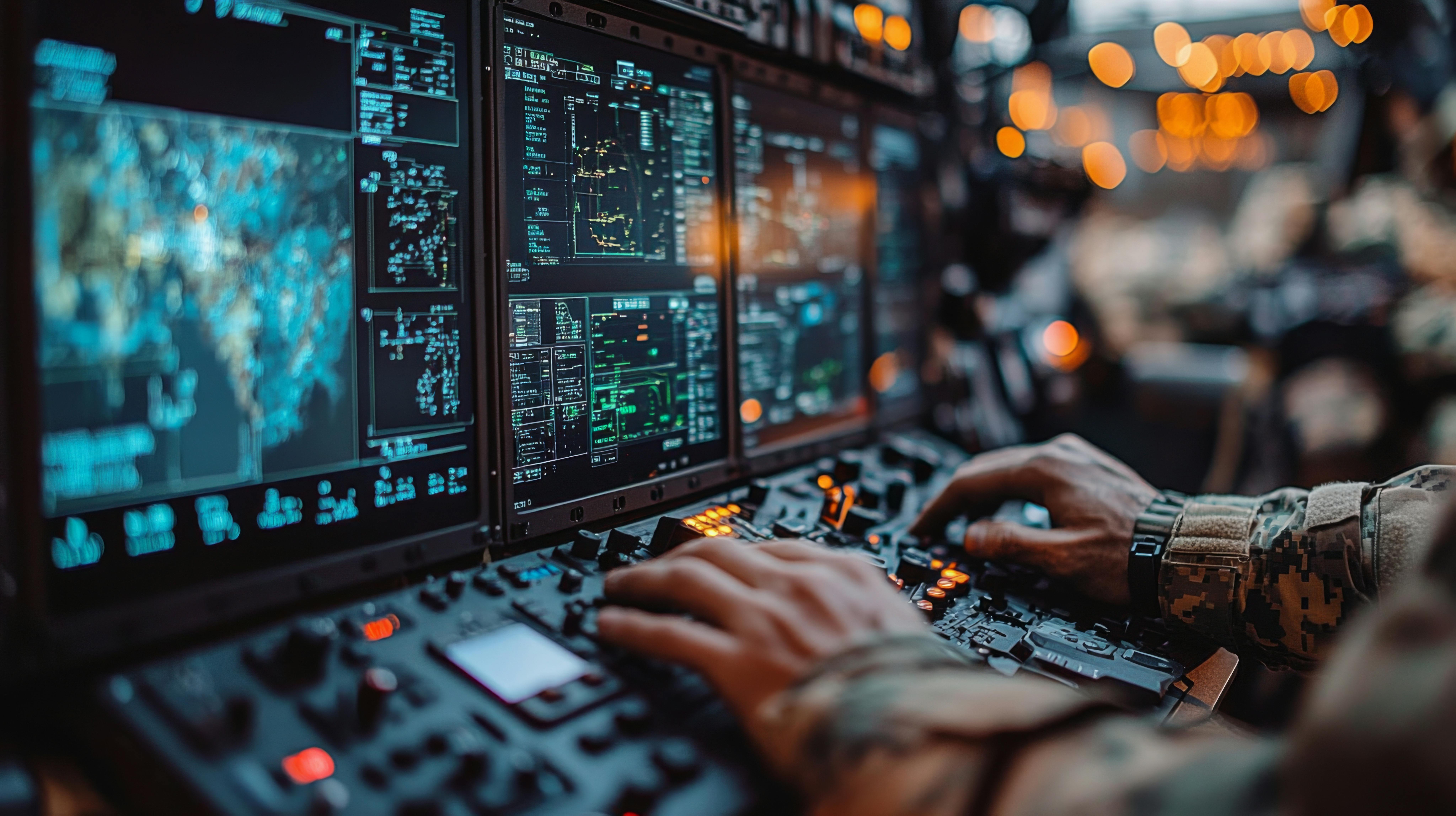 Military personnel operate an advanced technology control panels during a nighttime mission in a tactical vehicle, as a soldier focuses on operating several control panels filled with digital displays and data.