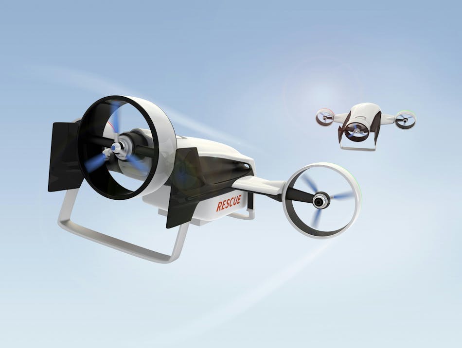 Two UAVs marked 'Rescue' fly
