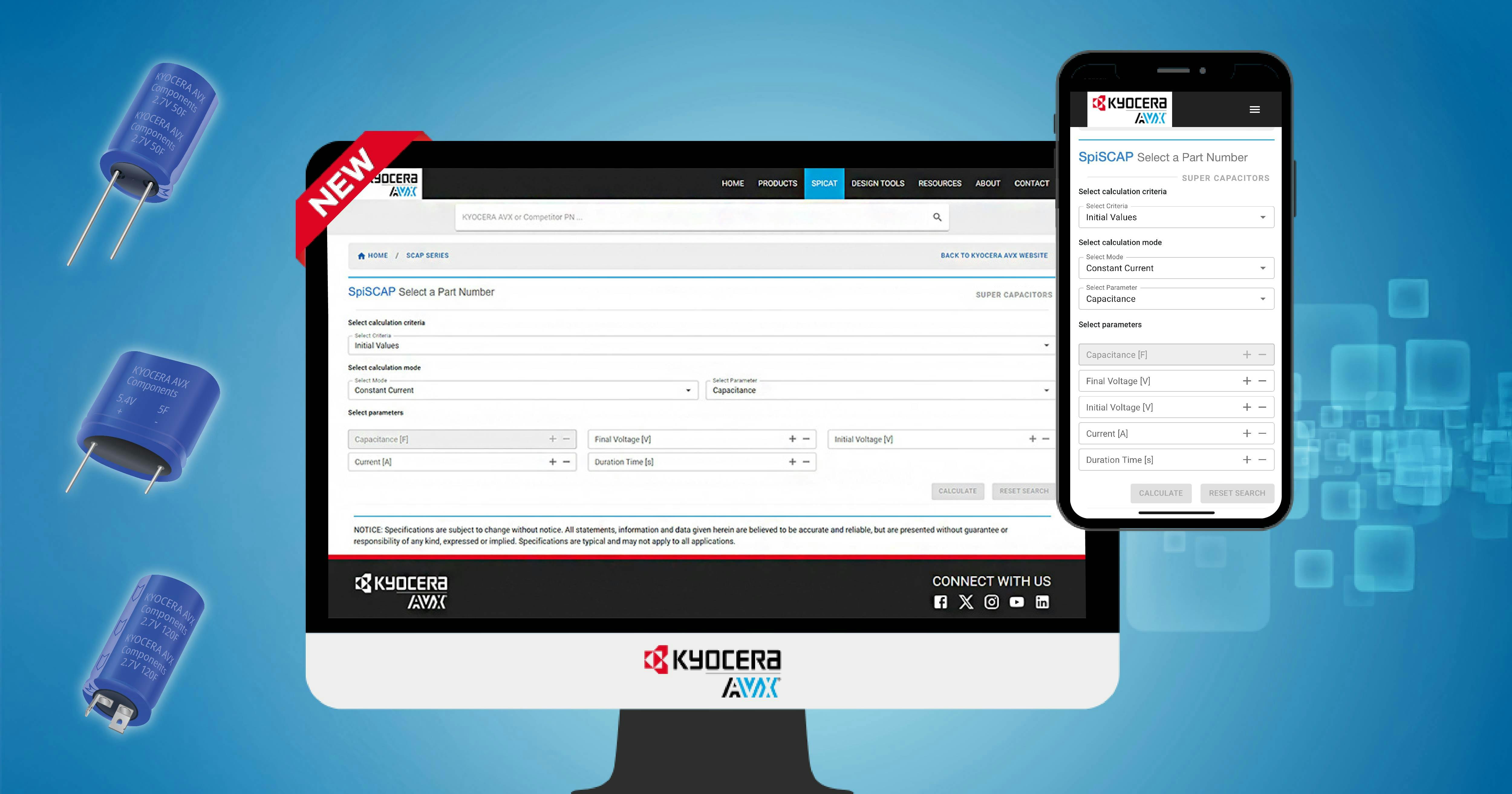 The SpiCAT SpiSCAP online simulation software for KYOCERA AVX supercapacitors helps engineers evaluate SCC and SCM series supercapacitors.