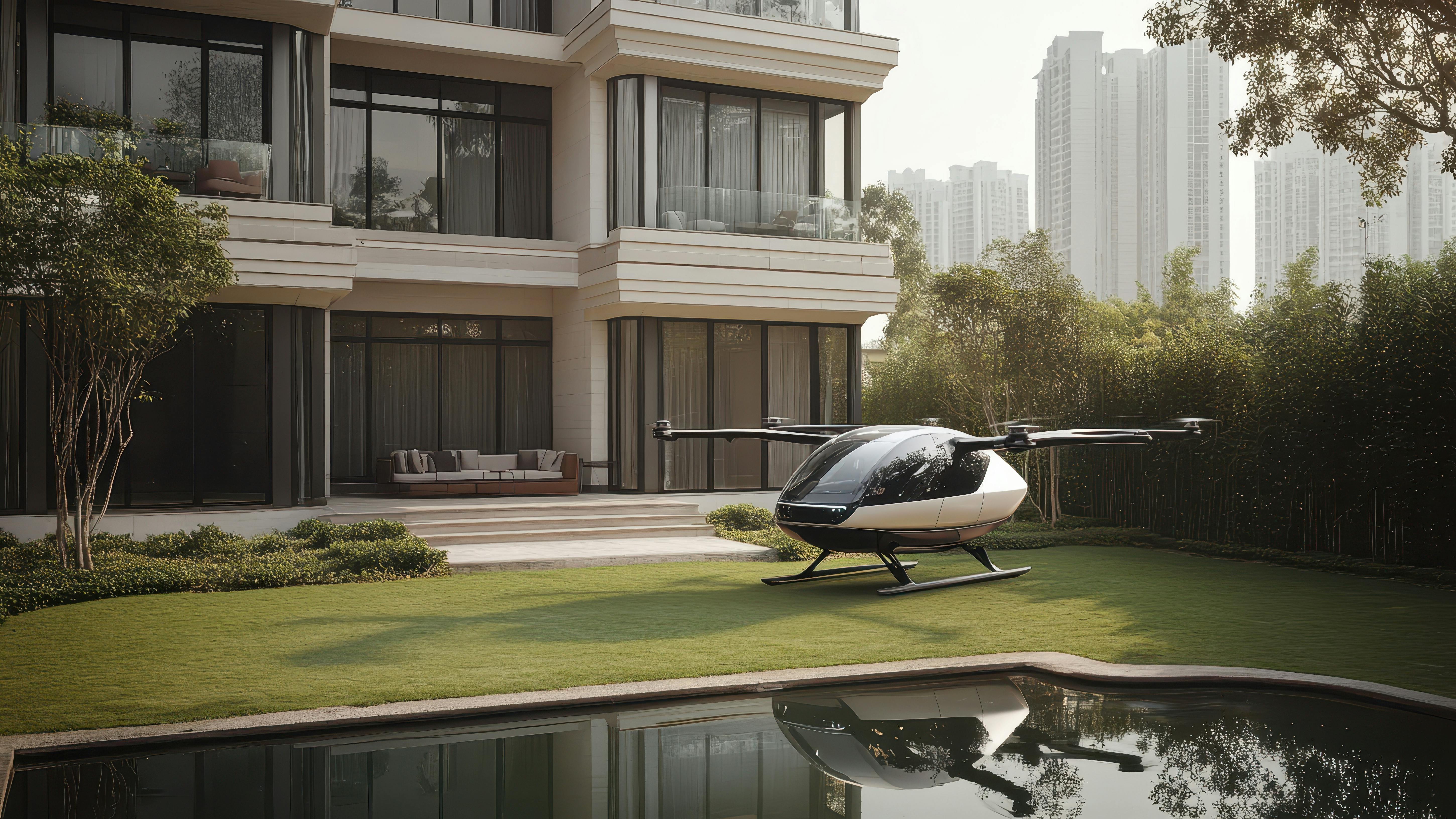 A rendering of an eVTOl in front of a residence.