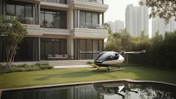 A rendering of an eVTOl in front of a residence. A rendering of an eVTOl in front of a residence.