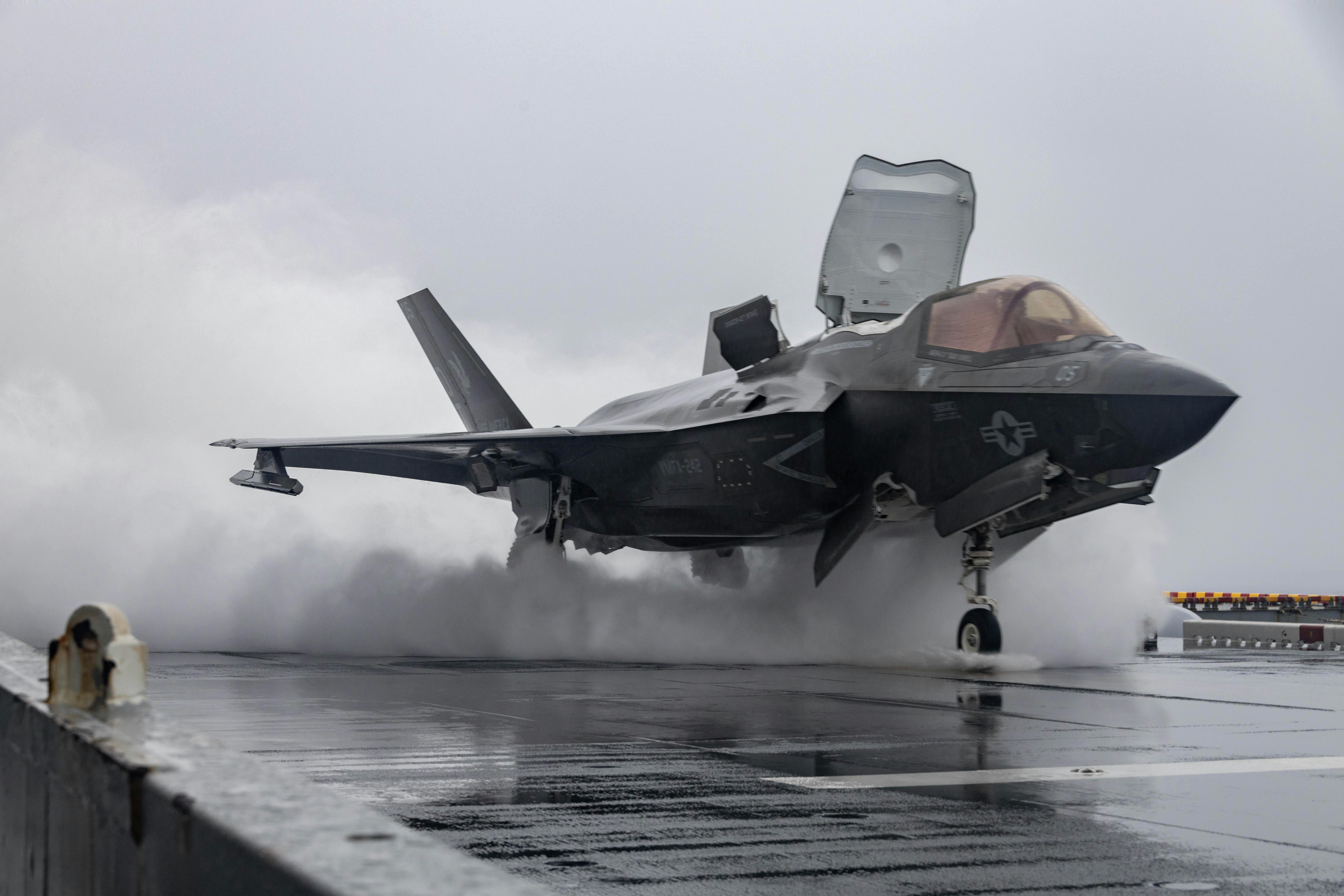 A U.S. Marine Corps F-35B takes off aboard the amphibious assault ship USS America (LHA-6) in the Pacific Ocean in June 2023.