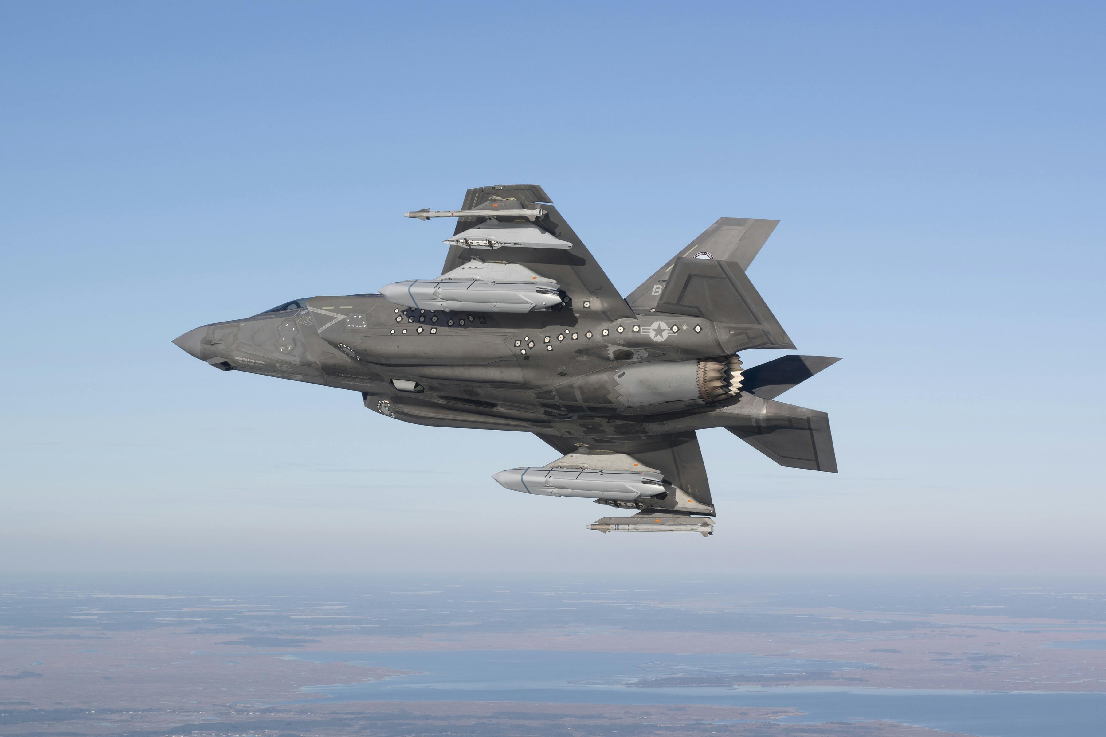 An F-35 conducts the first flight test last January to certify the F-35B short takeoff and vertical landing variant for carrying the AGM-158C Long-Range Anti-Ship Missile (LRASM)