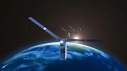 An image of three identical satellites above earth An image of three identical satellites above earth