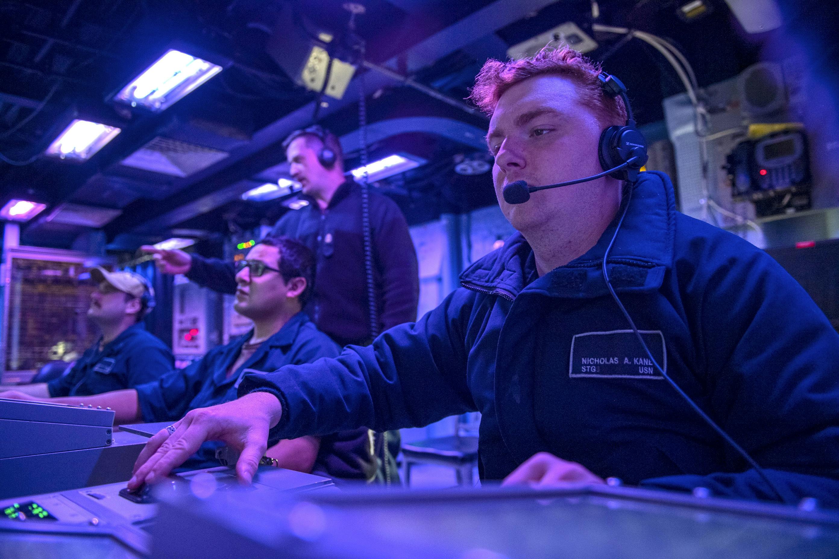 Navy sailors conduct undersea warfare operations aboard Arleigh Burke-class guided-missile destroyer USS Rafael Peralta (DDG 115).