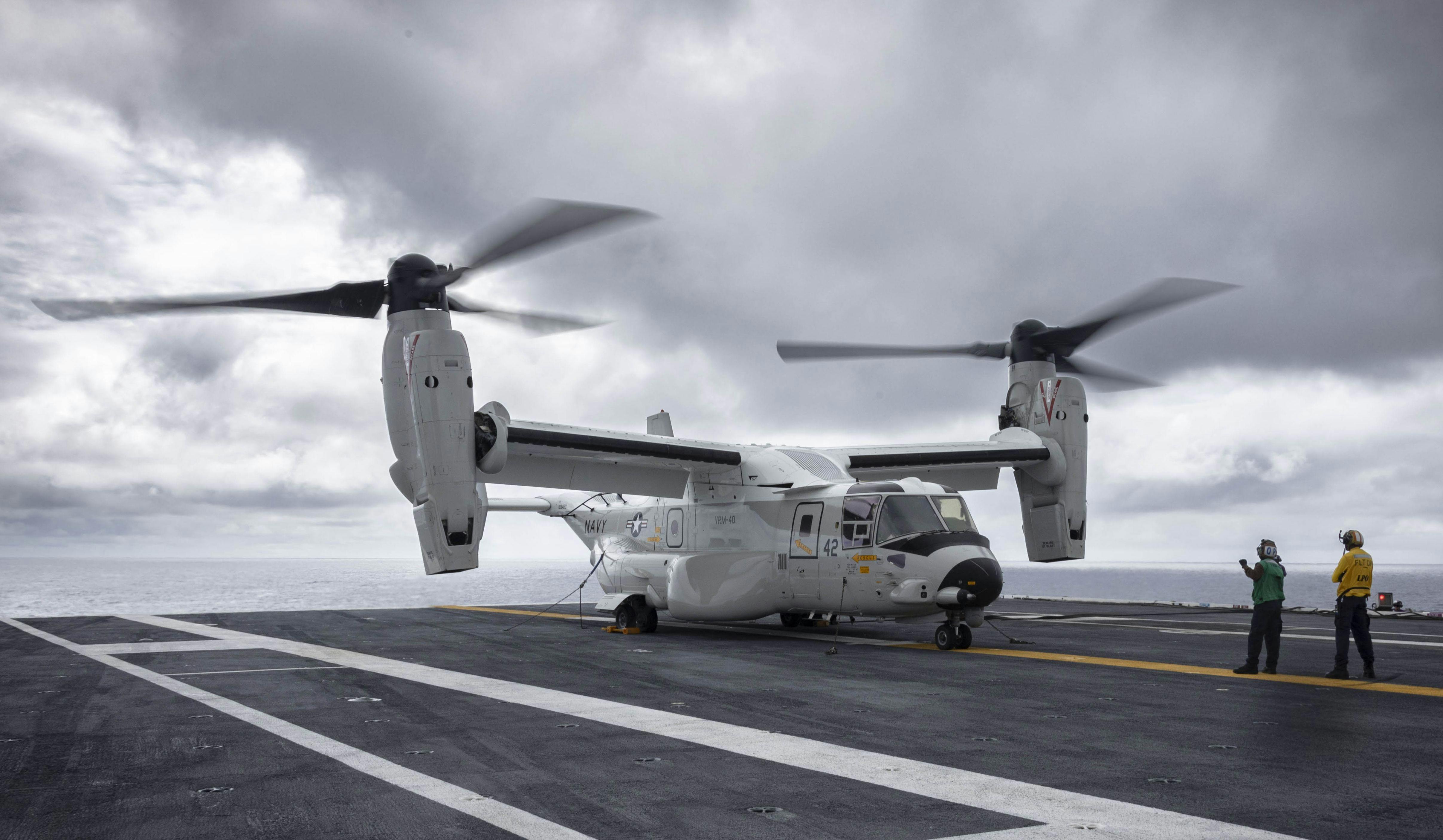 A CMV-22B Osprey lands on the flight deck of the aircraft carrier USS Gerald R. Ford (CVN 78) in 2024.