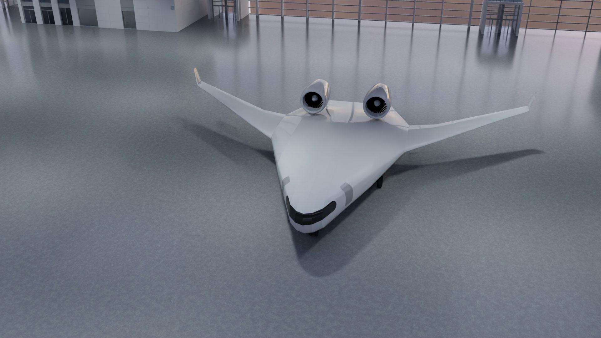 The configuration of the D150-BWB (Blended Wing Body) looks unusual at first glance. The aircraft has a wide, flat fuselage and two top-mounted engines. With the Digital Hangar, DLR provides insights into a possible future for aviation. The digital-hangar.de website is now online. Credit: DLR (CC BY-NC-ND 3.0).