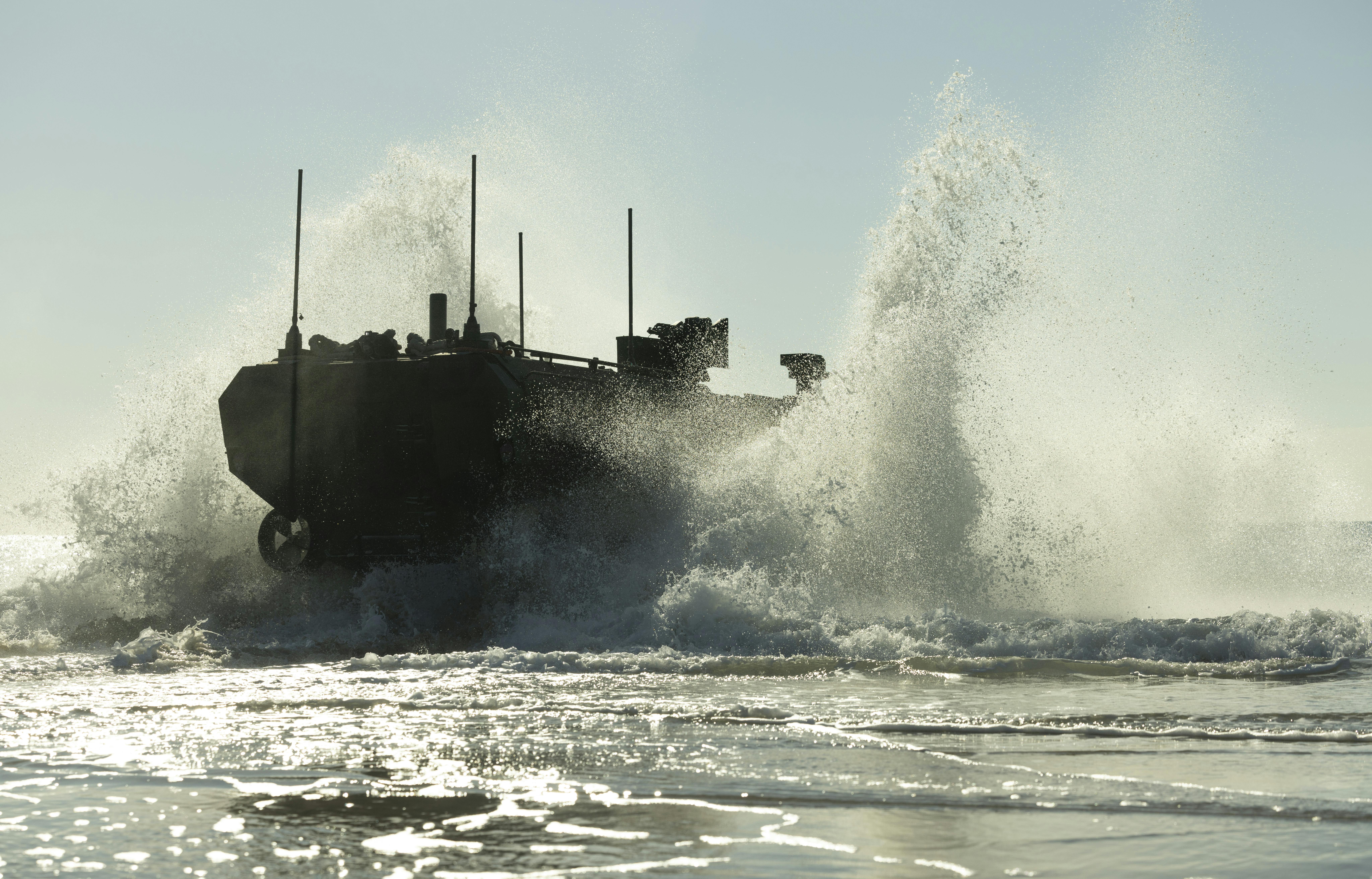 ACVs are wheeled armored combat vehicles able to move Marine infantry warfighters from ships offshore to fight their way onto invasion beaches.
