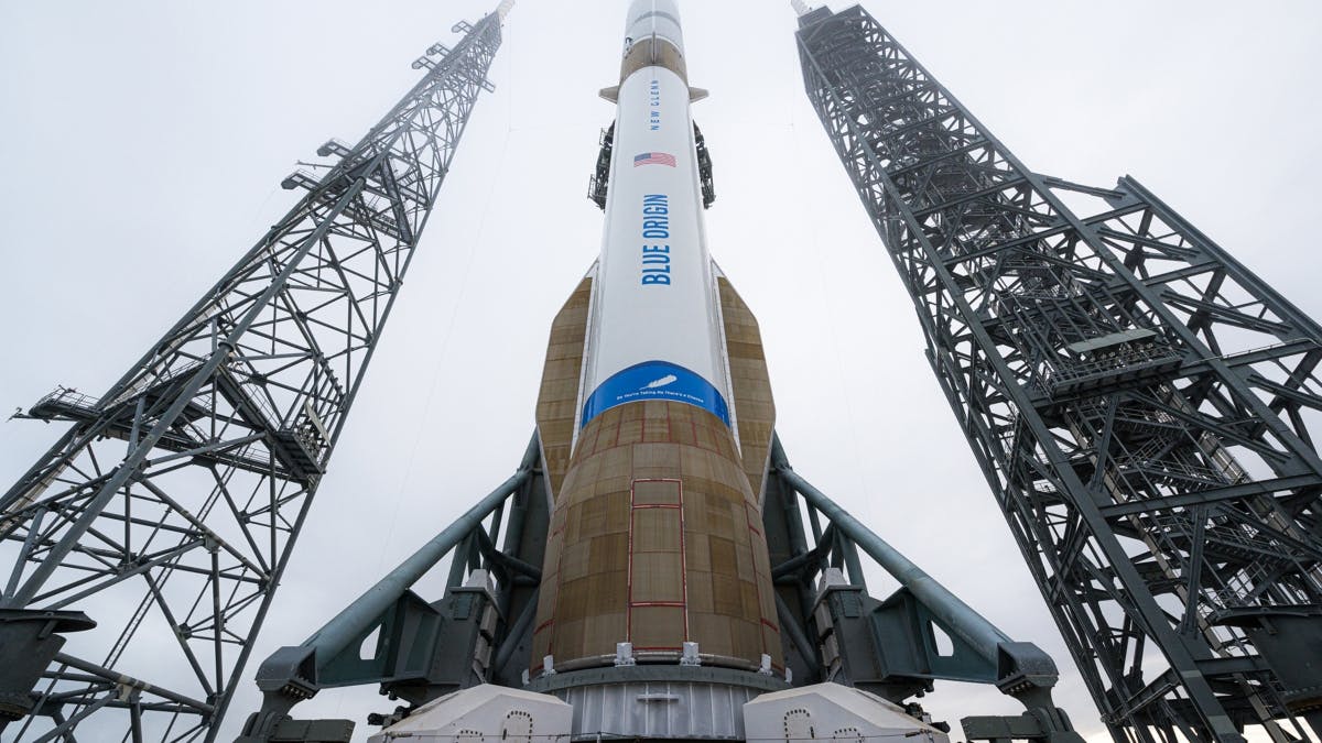 Low angle picture of a Blue Origin New Glenn rocket on the launch pad