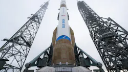 Low angle picture of a Blue Origin New Glenn rocket on the launch pad Low angle picture of a Blue Origin New Glenn rocket on the launch pad