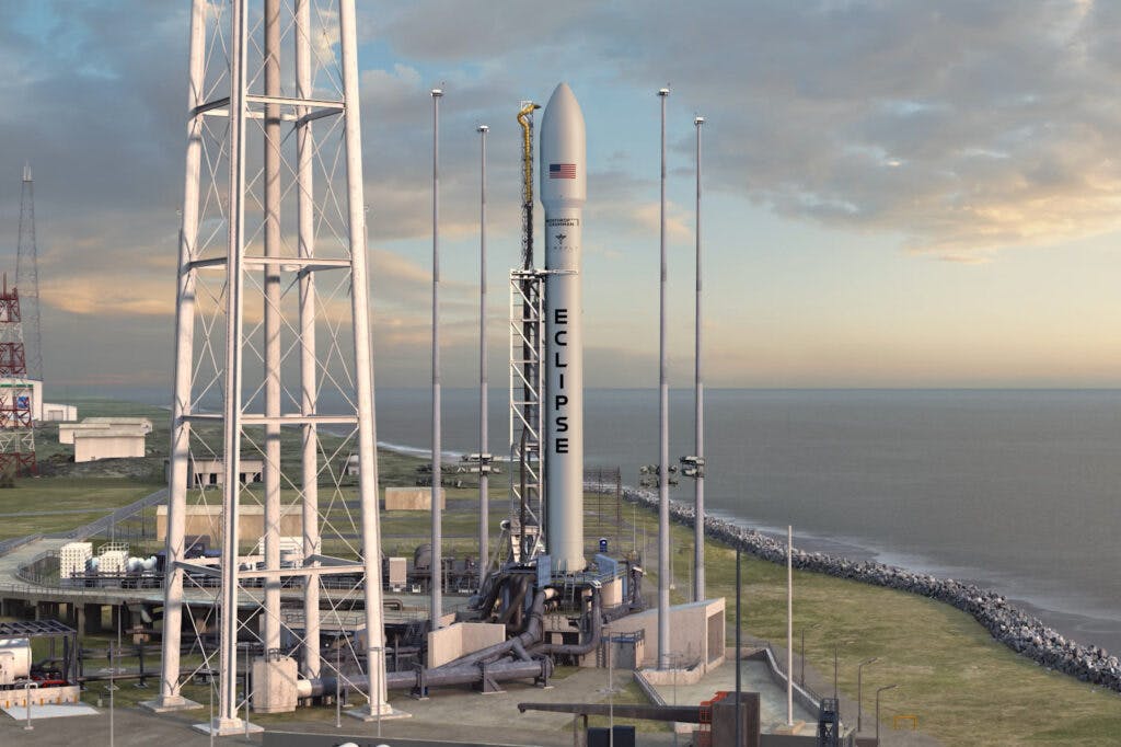 A rendering of the Eclipse rocket on the launch pad