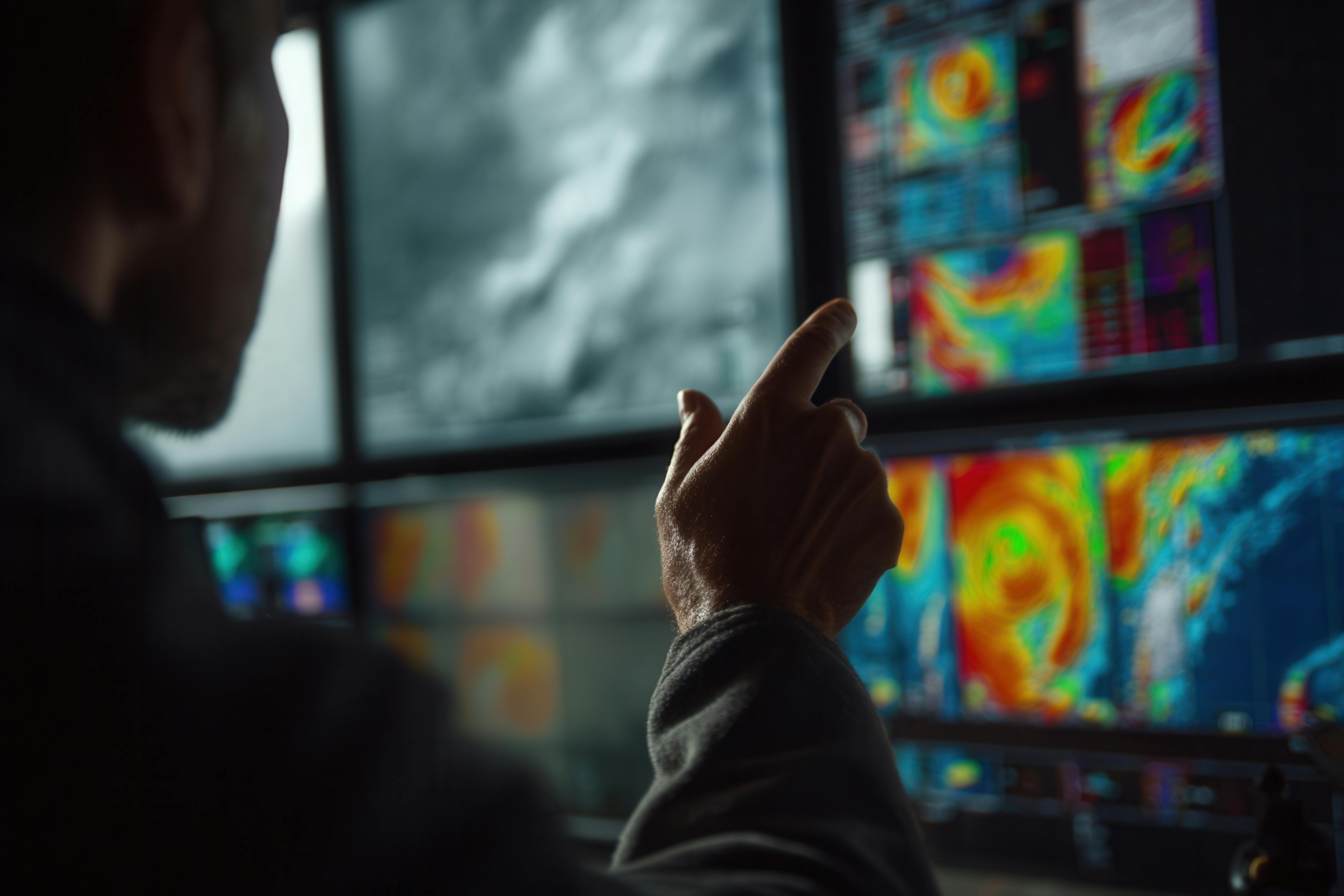 A meteorologist examines colorful weather radar maps on high-resolution monitors.