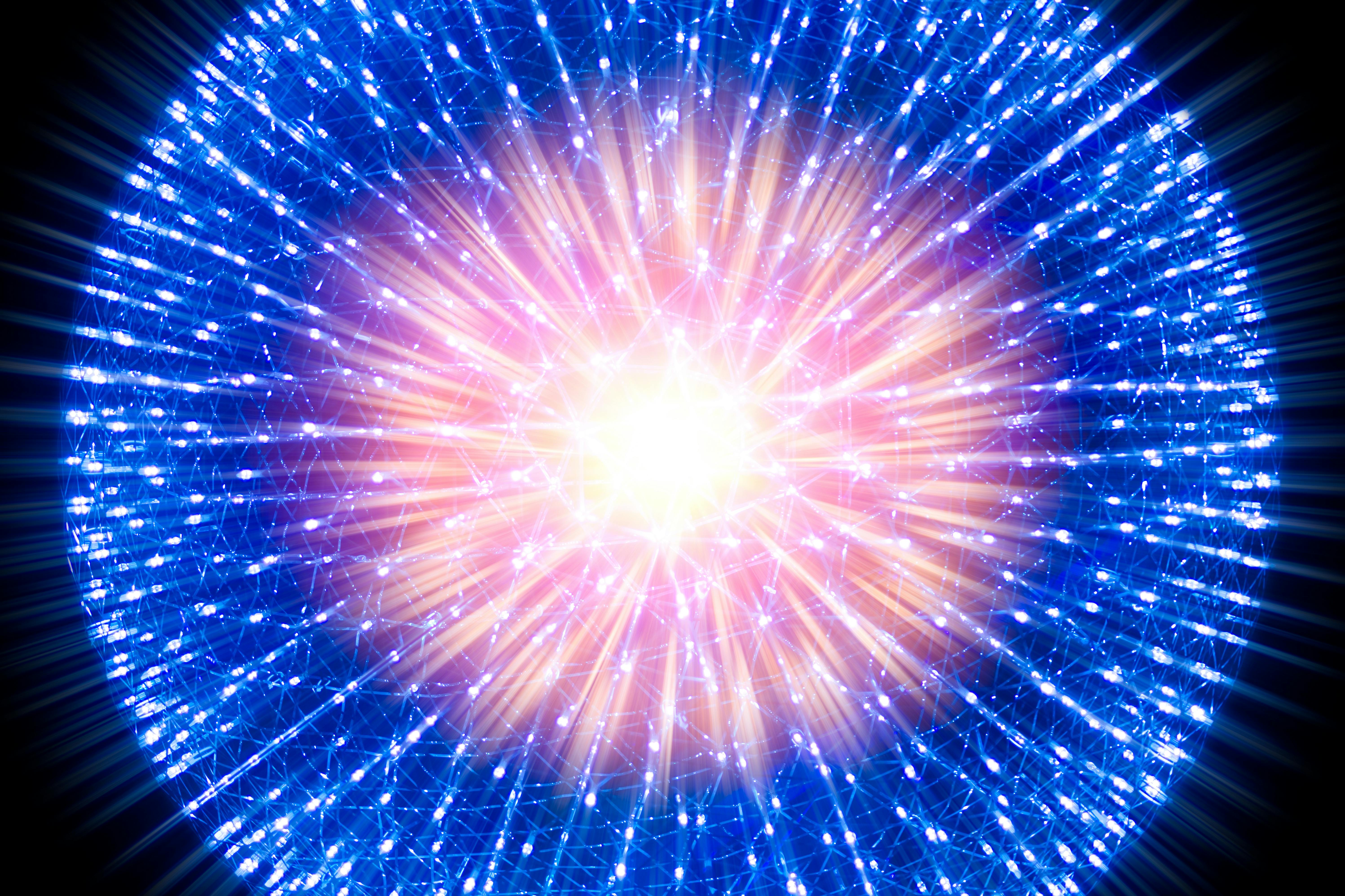 Atom ray radiation light science illustration concept. Nucleus of Atom Nuclear explode atomic bomb red hot ray radiation light science illustration concept.