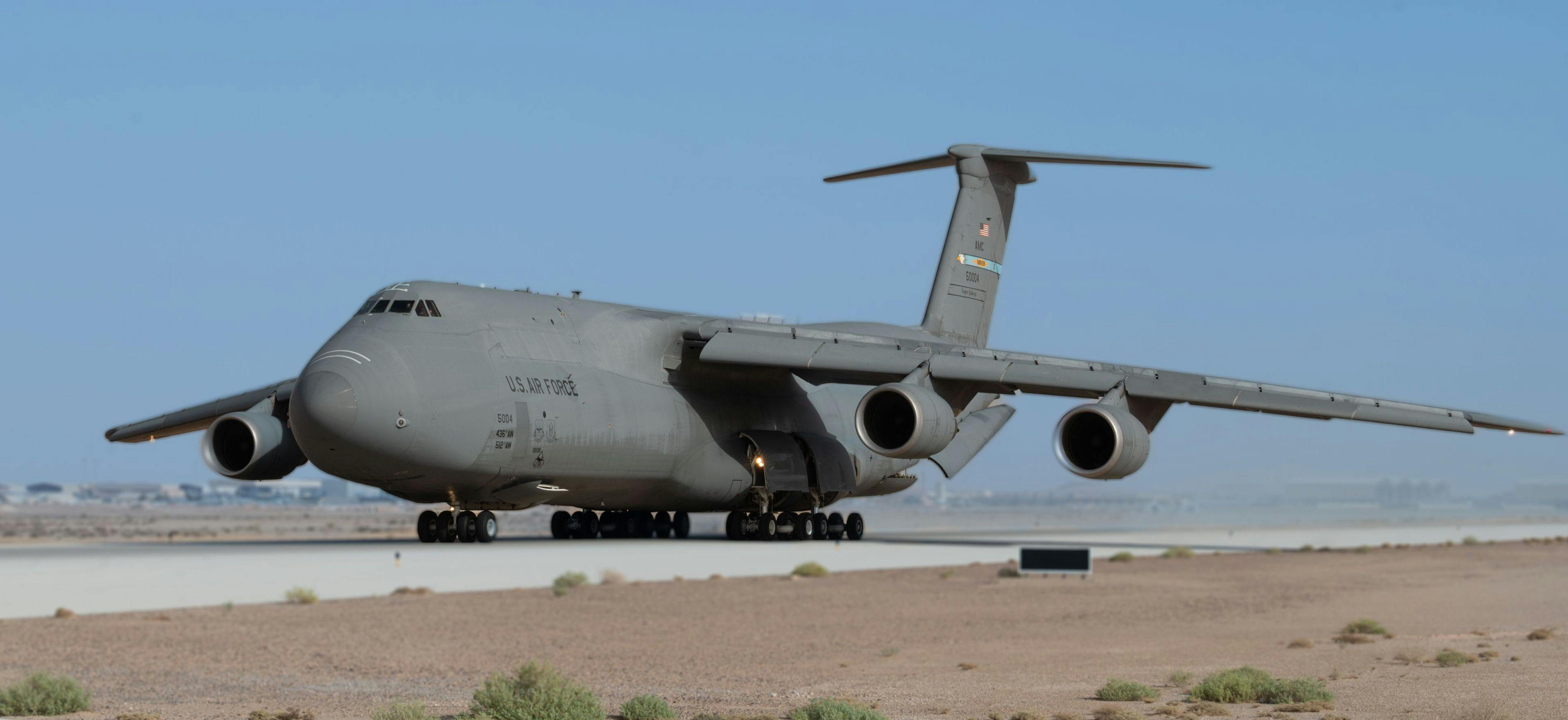 An Air Force C-5M Super Galaxy taxis within the U.S. Central Command area of responsibility last May.