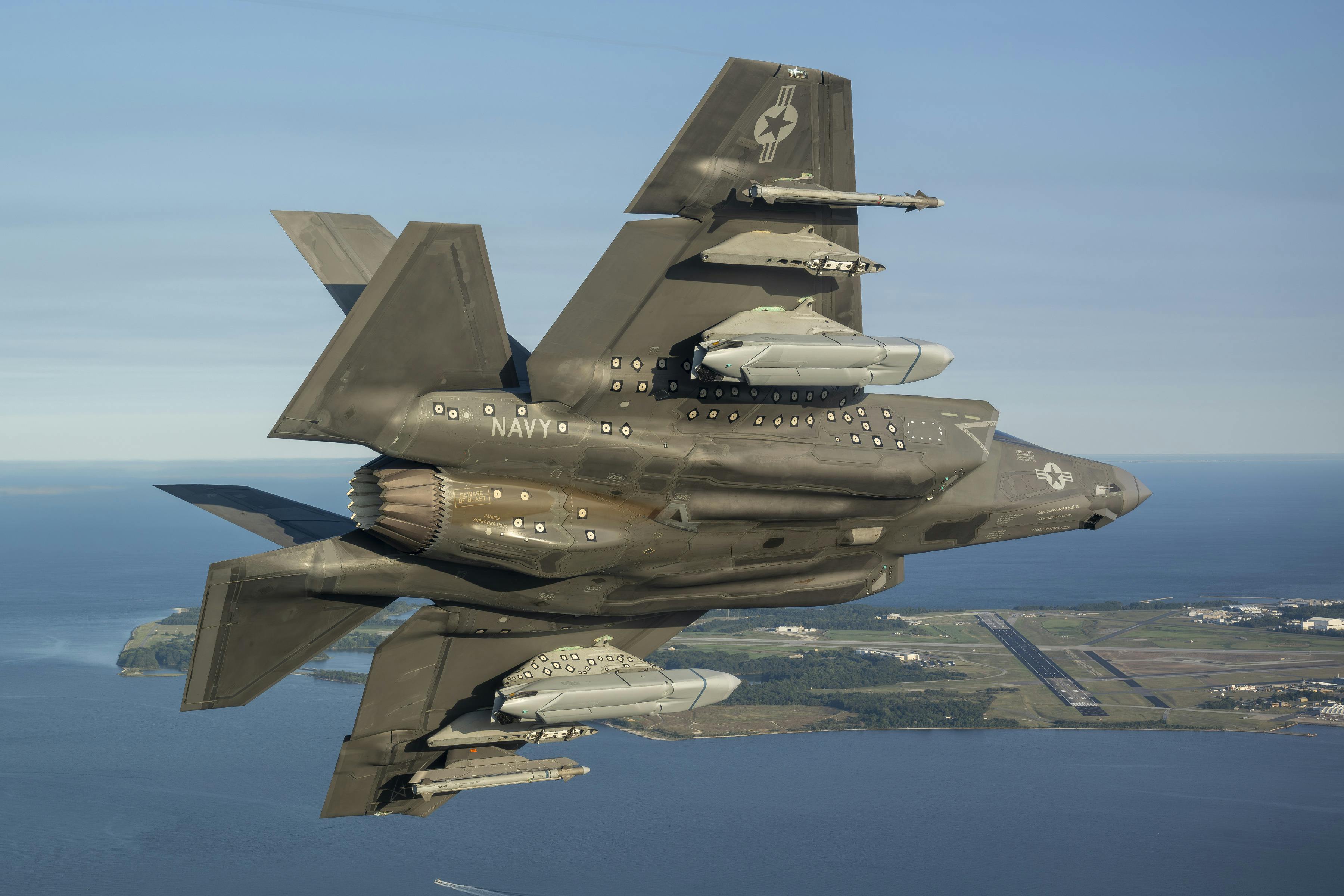 An F-35 Lightning II test pilot conducts a flight test last September to certify the carrier variant of the fighter aircraft for carrying the AGM-158C Long-Range Anti-Ship Missile (LRASM).