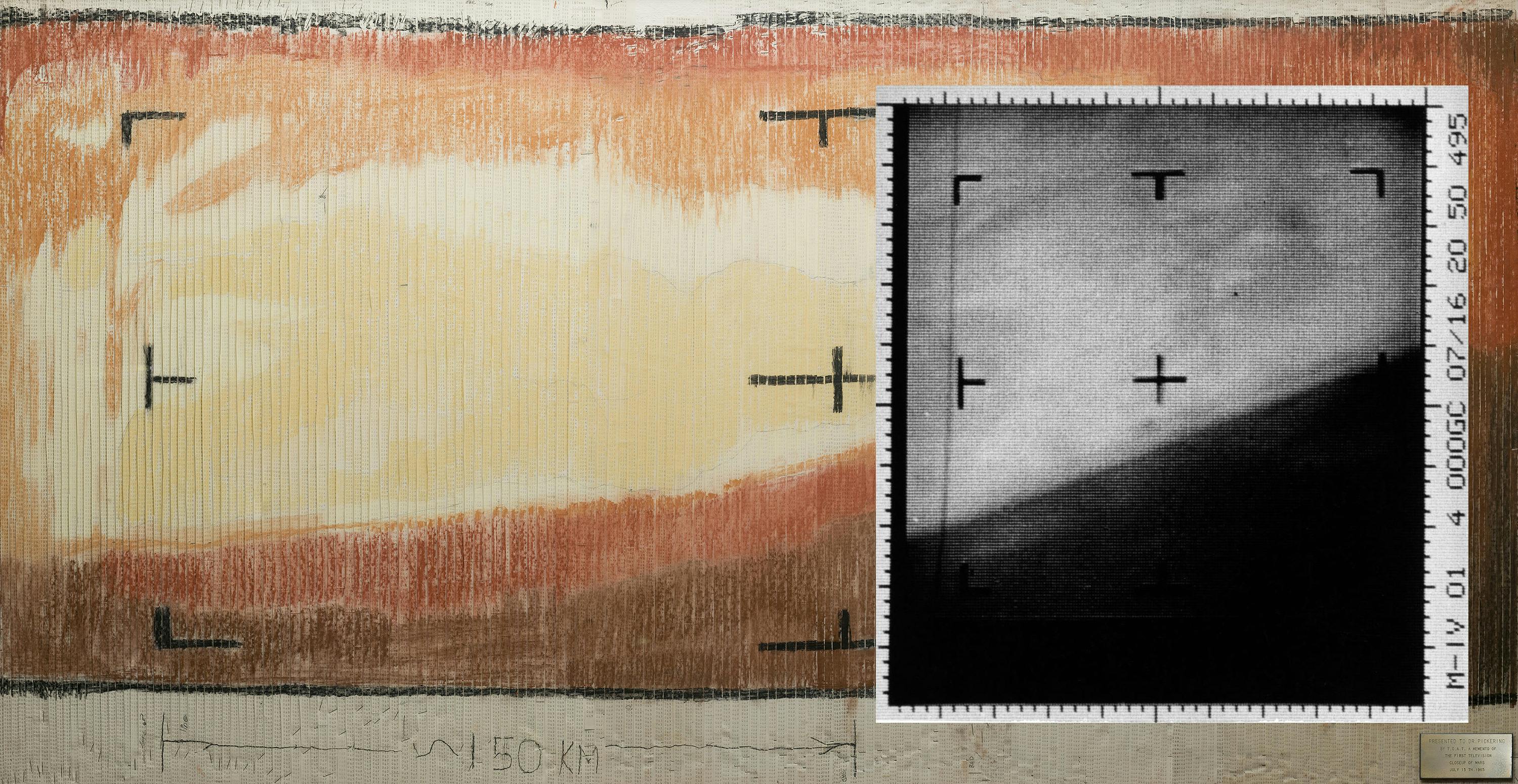 NASA&rsquo;s Mariner 4 captured the first-ever close-up image of Mars on July 14, 1965. While waiting for the data to be processed into the image (inset at right), team members hand-colored strips of paper that the data was printed on, assigning hues to value ranges. The result is on display at JPL. NASA/JPL photo.