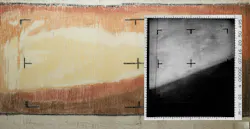 NASA’s Mariner 4 captured the first-ever close-up image of Mars on July 14, 1965. While waiting for the data to be processed into the image (inset at right), team members hand-colored strips of paper that the data was printed on, assigning hues to value ranges. The result is on display at JPL. NASA/JPL photo. NASA’s Mariner 4 captured the first-ever close-up image of Mars on July 14, 1965. While waiting for the data to be processed into the image (inset at right), team members hand-colored strips of paper that the data was printed on, assigning hues to value ranges. The result is on display at JPL. NASA/JPL photo.