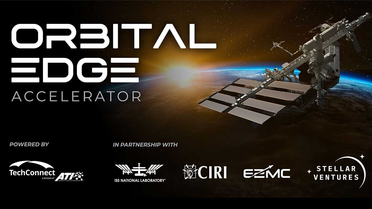 A graphic of the ISS above earth with company names around it