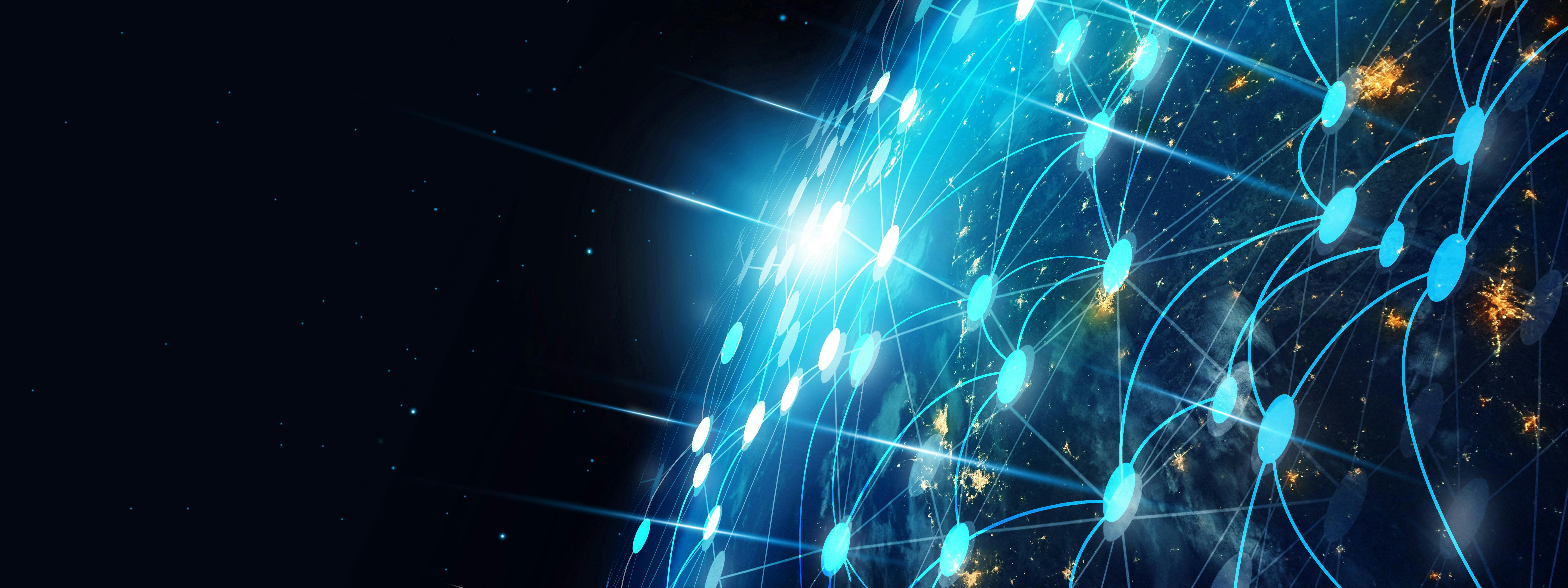 A rendering of a network over the earth as viewed from space