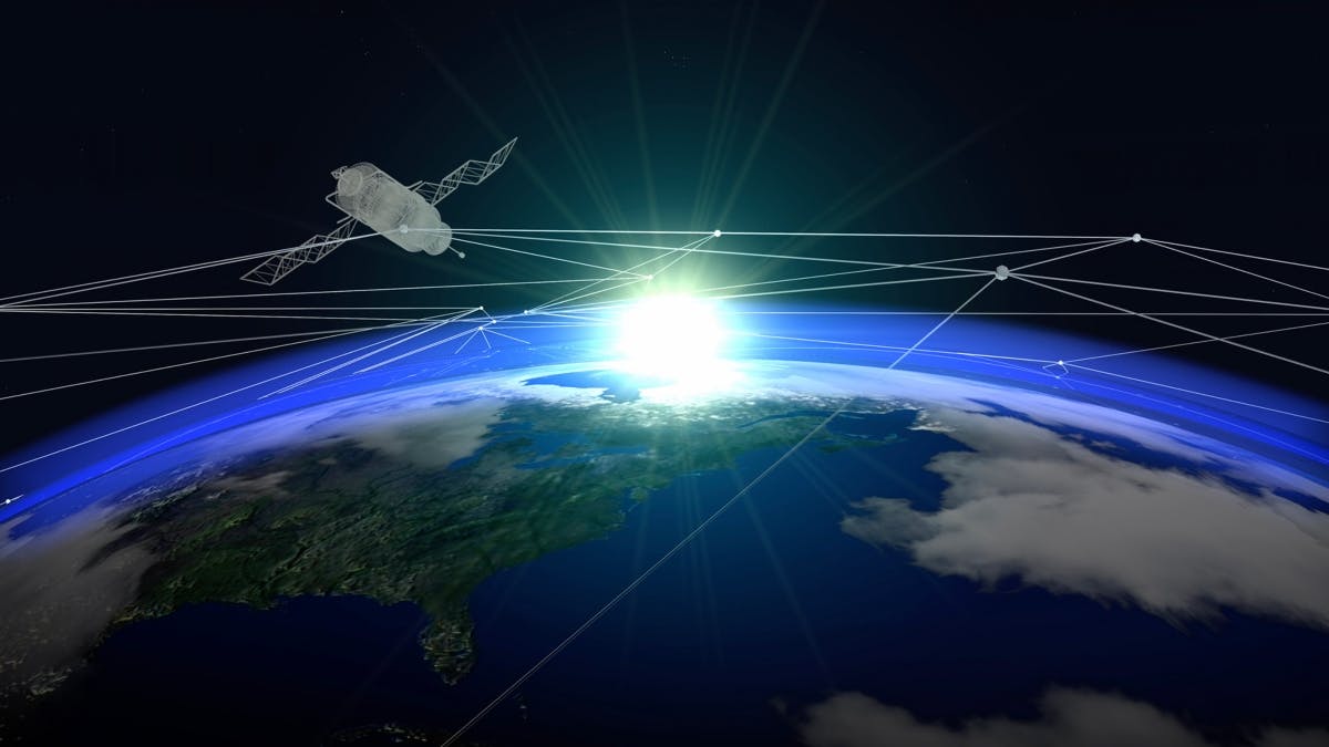 A rendering of a satellite and network shown over North America from space.