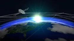 A rendering of a satellite and network shown over North America from space. A rendering of a satellite and network shown over North America from space.