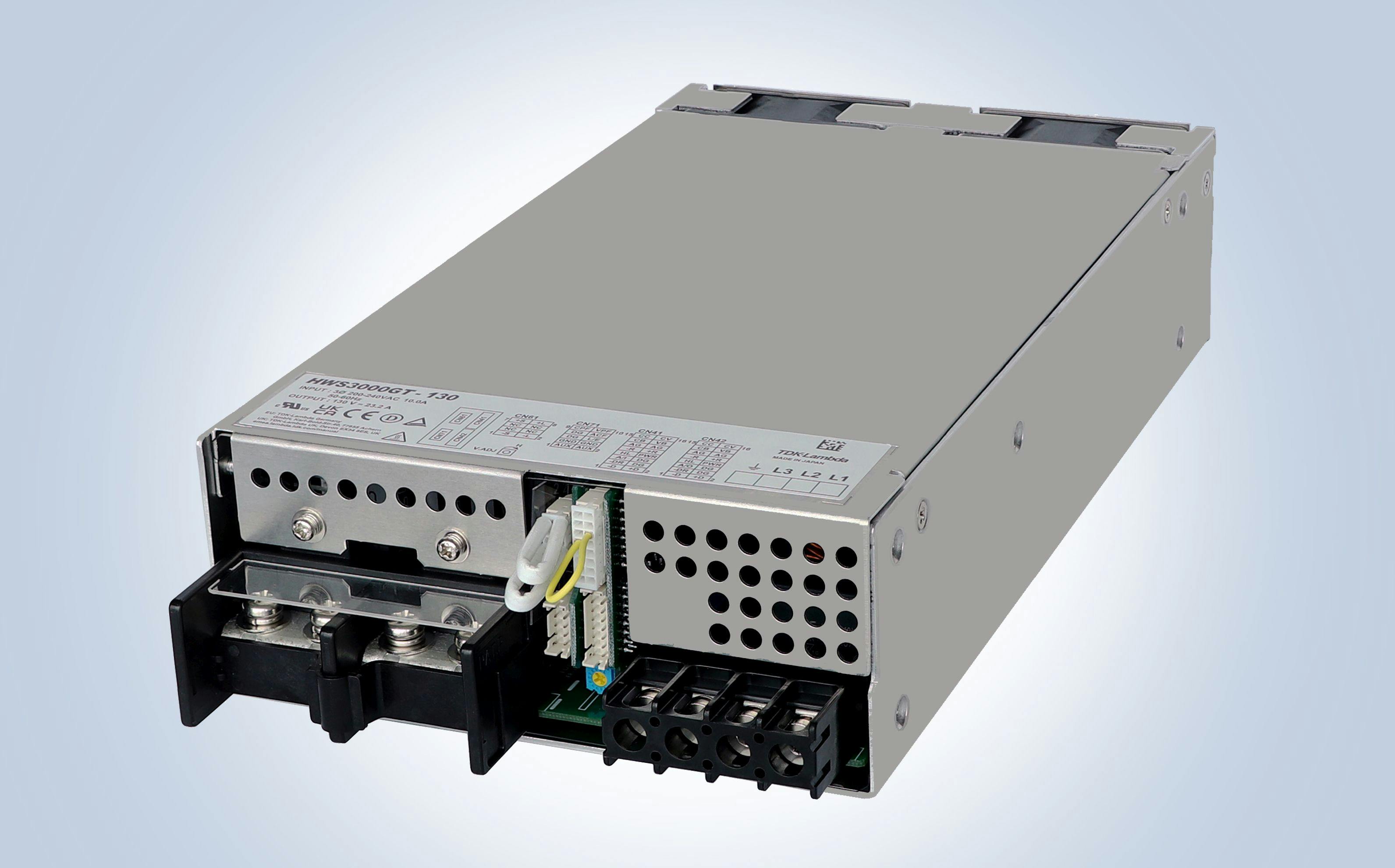 The TDK-Lambda HWS3000G programmable AC-DC power supplies are for aerospace and defense; automated test equipment; battery charging and testing; electric vehicles; and industrial automation.