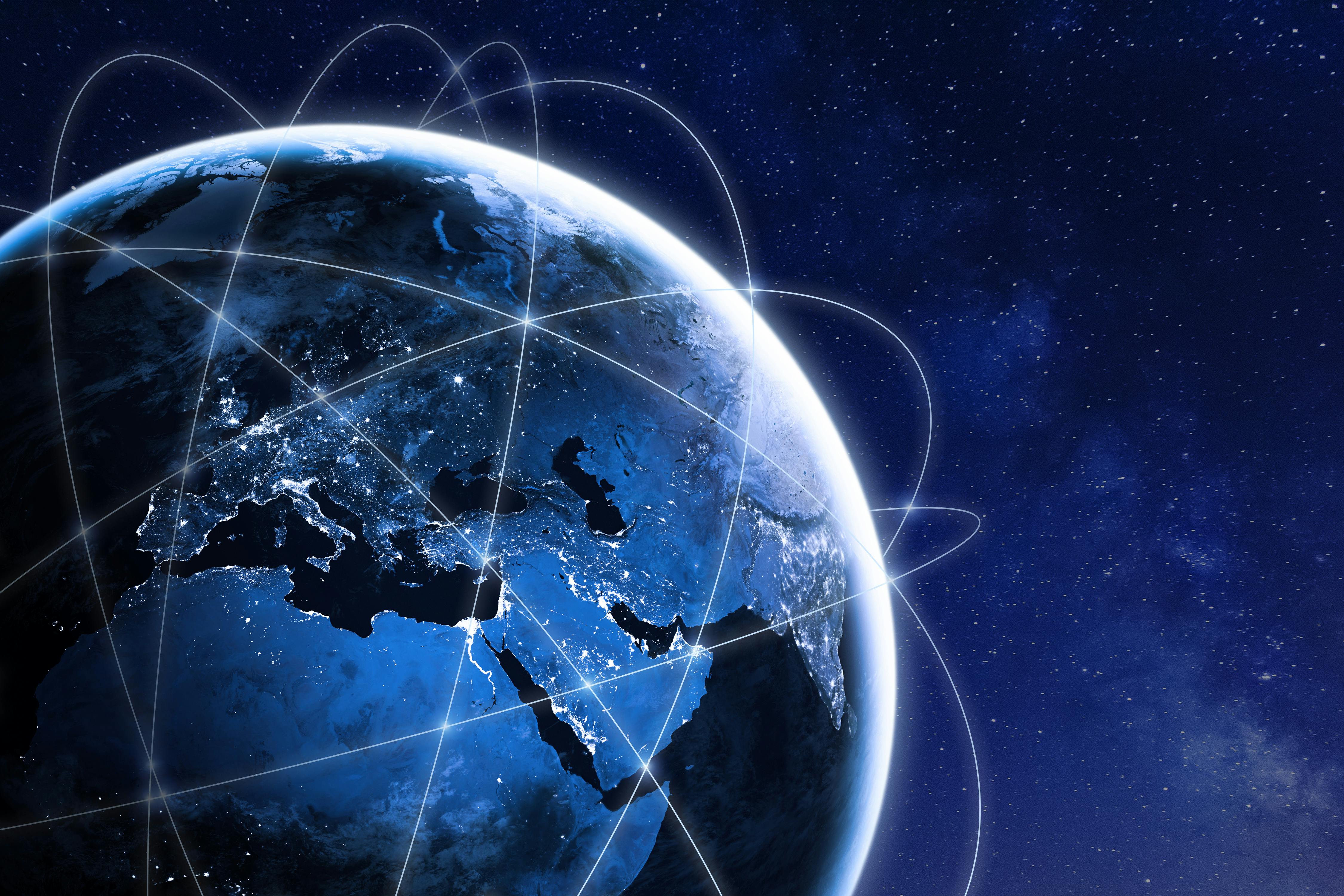 A network visualized over earth from space.