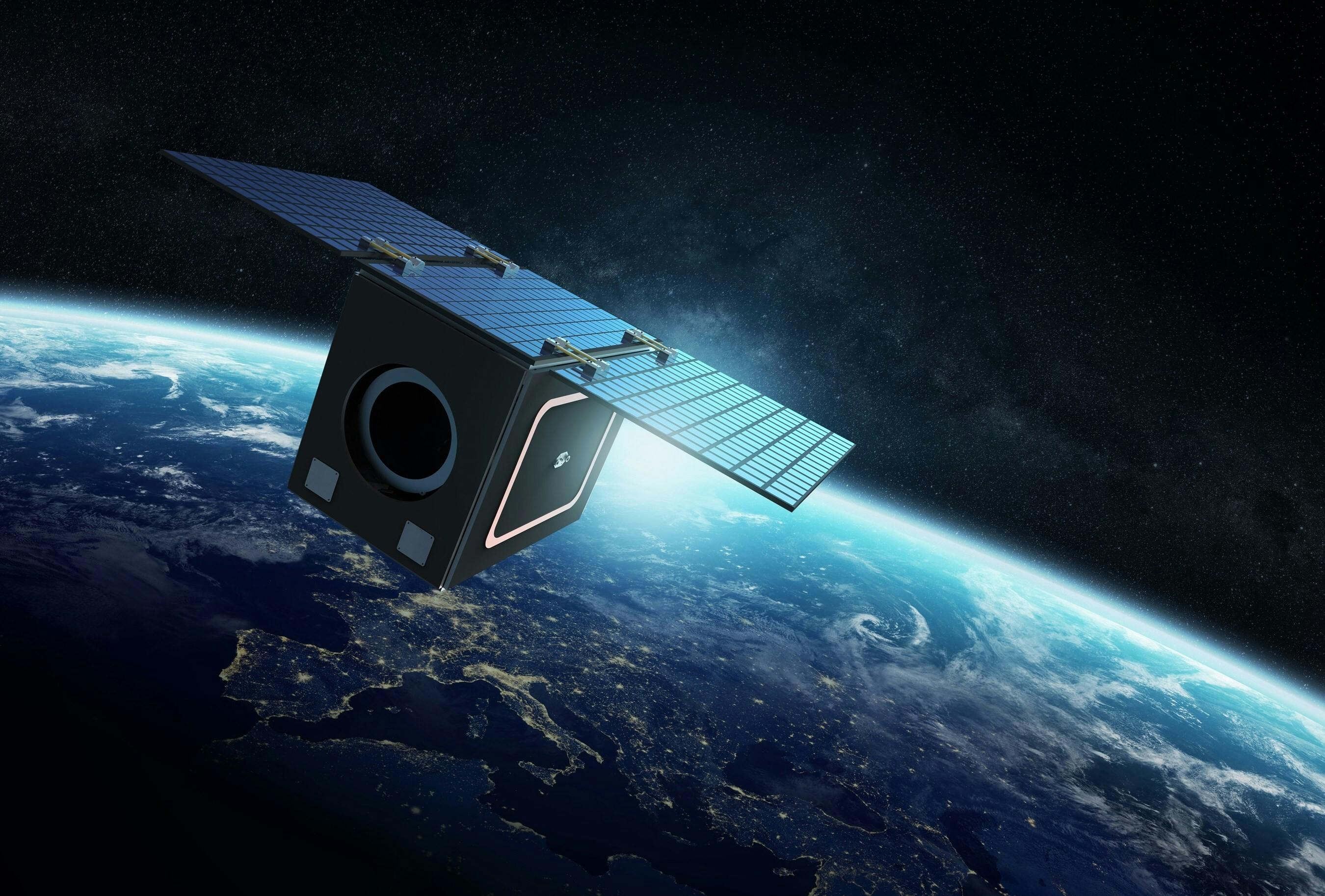 On-orbit render of a Millennium-built small satellite flying Spectrolab solar cells.
