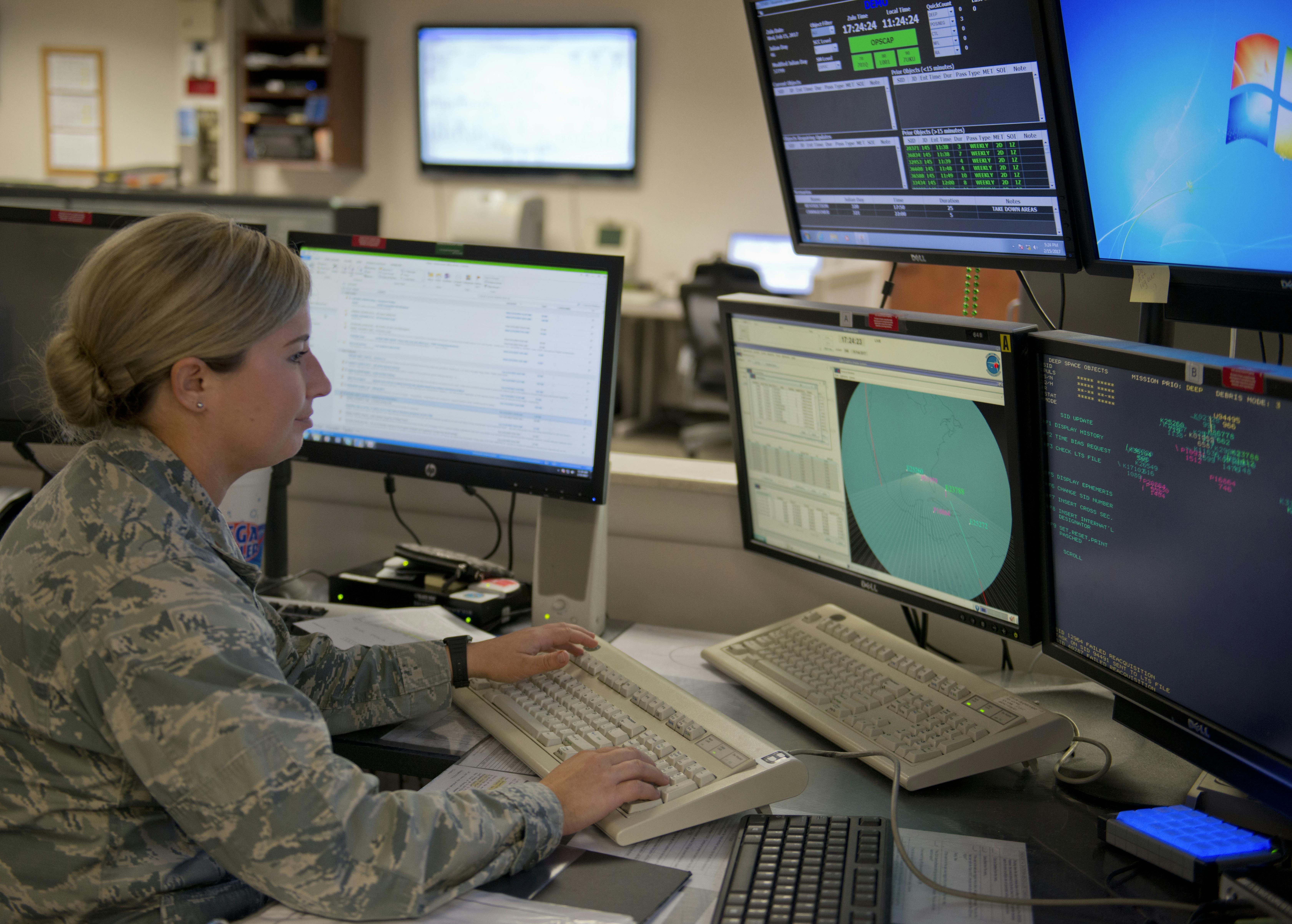 A space surveillance expert from the 20th Space Control Squadron, tracks objects within her radar&rsquo;s field of view during India's Polar Satellite Launch Vehicle launch last February at Eglin Air Force Base, Fla.