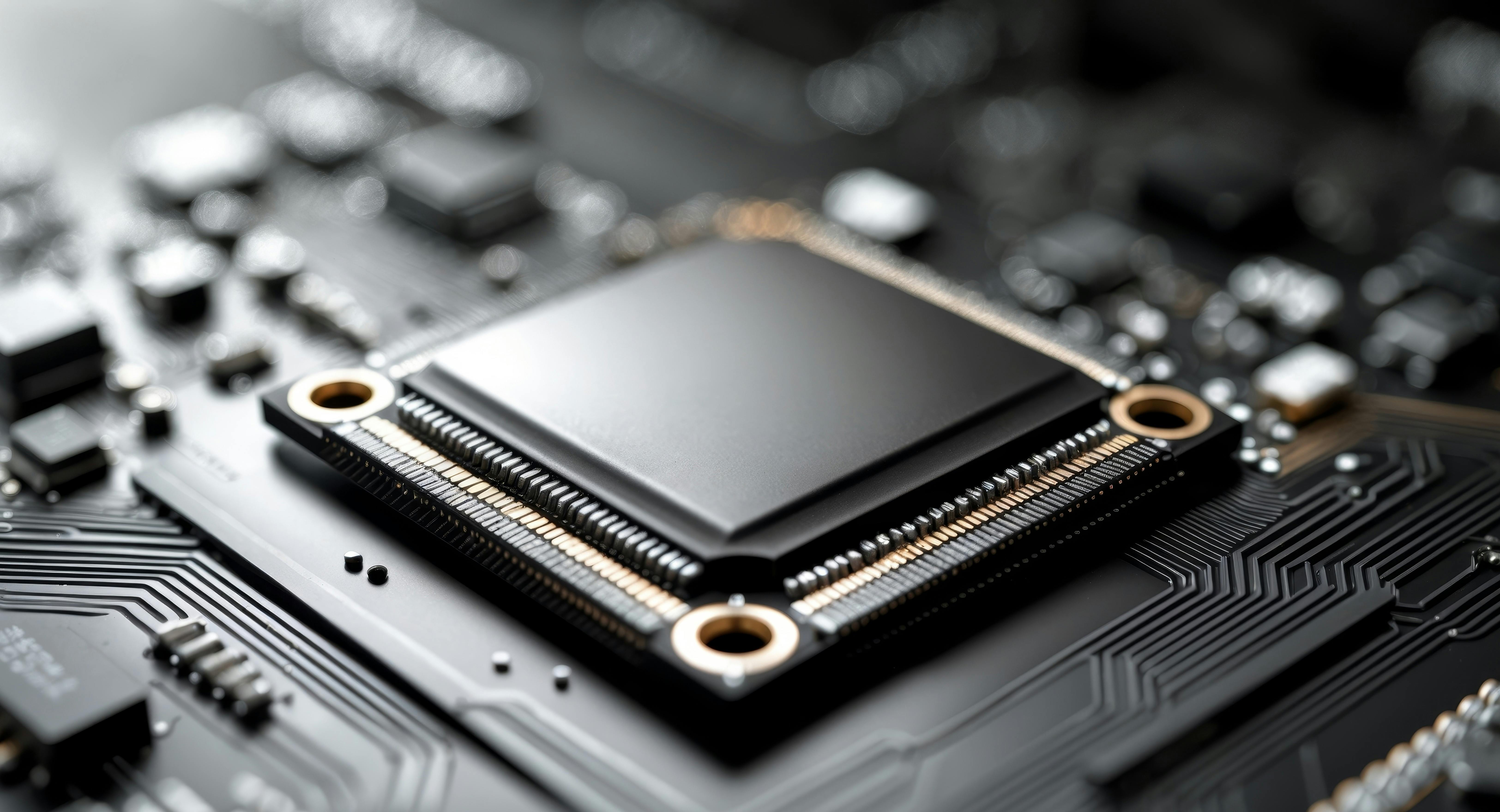 A detailed closeup of a modern computer chip, showcasing the intricate design of a high-tech black processor and its integrated circuit, with high-quality textures. AI generated