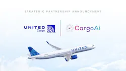 A rendering of a United aircraft flying below the logos of United and CargoAi A rendering of a United aircraft flying below the logos of United and CargoAi