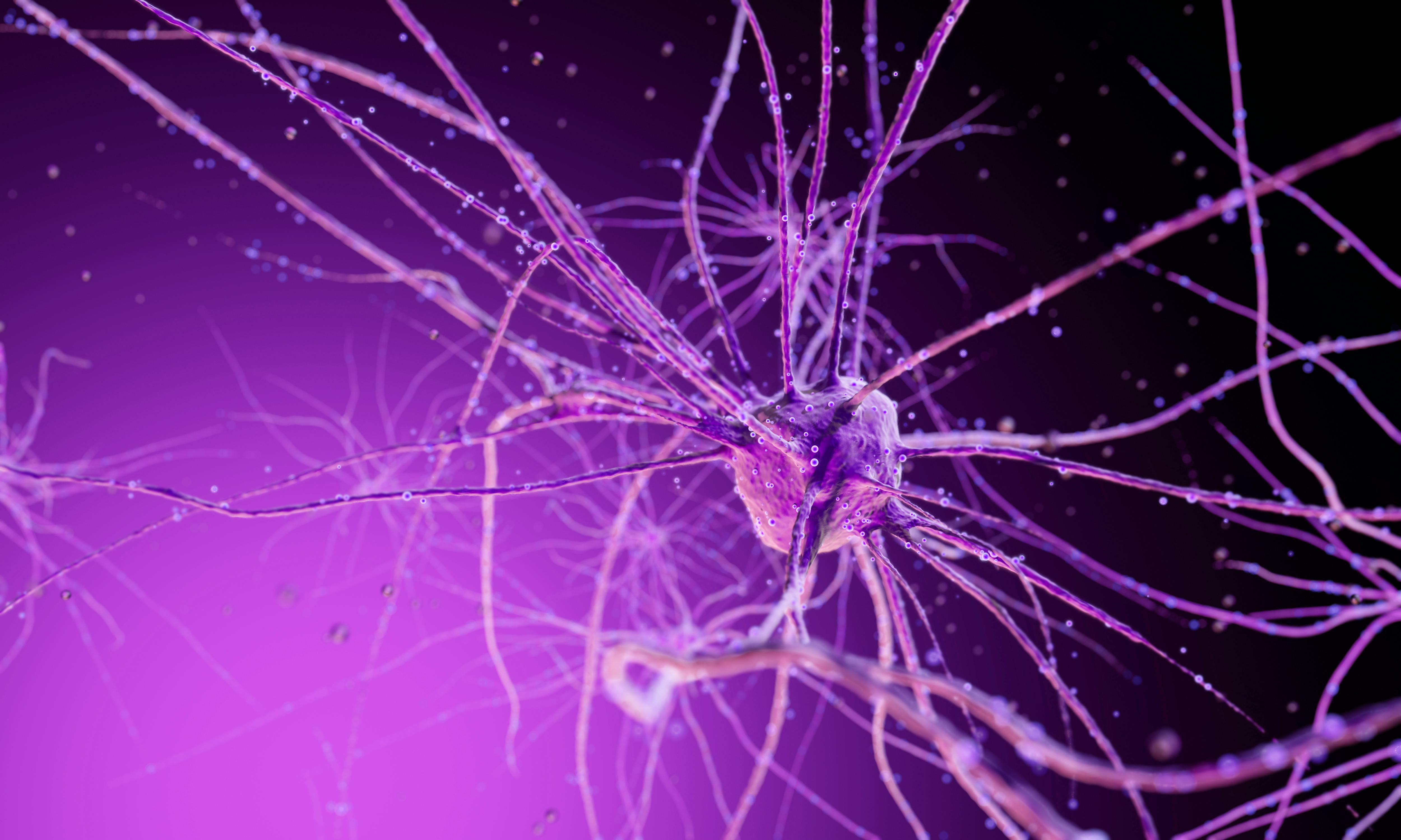 Conceptual illustration of neuron cells with glowing link knots in abstract dark space, high resolution 3D illustration 3d render 3d illustration