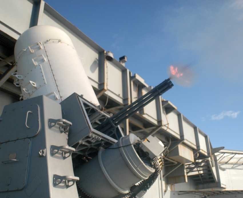 Phalanx Block 1 during a Pre-Aimed Calibration (PAC) test-fire on 20 Feb. 2003 aboard USS Carl Vinson CVN-70.
